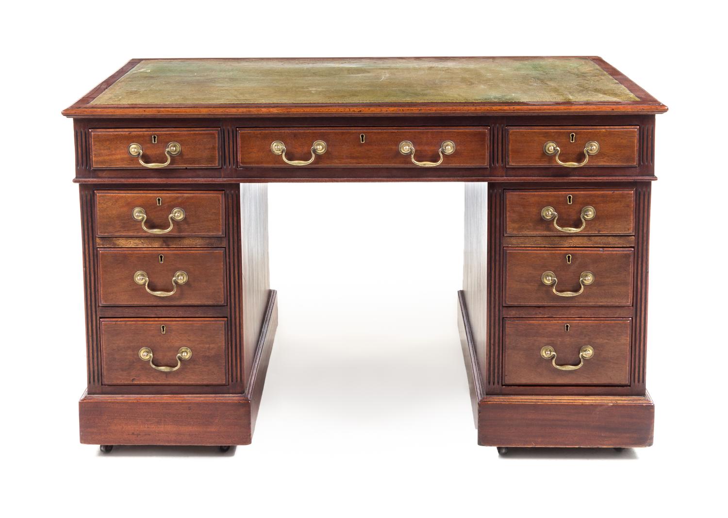 A George III Style Mahogany Pedestal Desk Height 30 x width 48 x depth 26 1/4 inches. — LATE 19TH/EARLY 20TH CENTURY