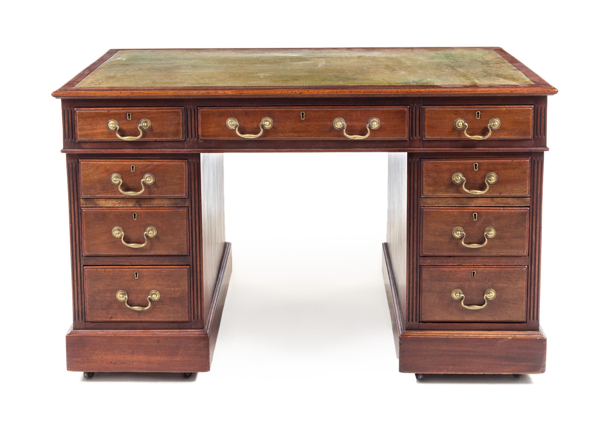 A George III Style Mahogany Pedestal Desk Height 30 x width 48 x depth 26 1/4 inches. — LATE 19TH/EARLY 20TH CENTURY