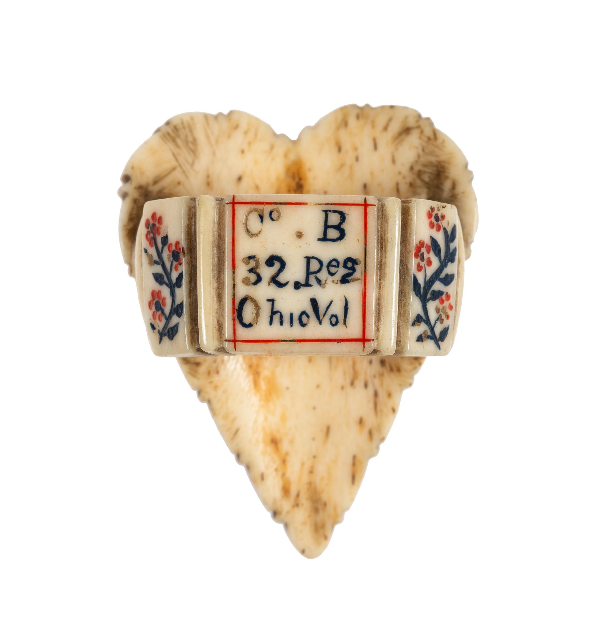 Private Thomas Conner, Company B, 32nd Ohio Volunteer Infantry, WIA Harpers Ferry, and captured at Maryland Heights. Folk art bone kerchief slide made while a prisoner of war.