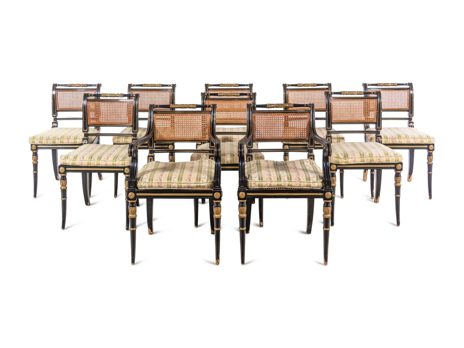A Set of Ten Regency Style Painted Dining Chairs