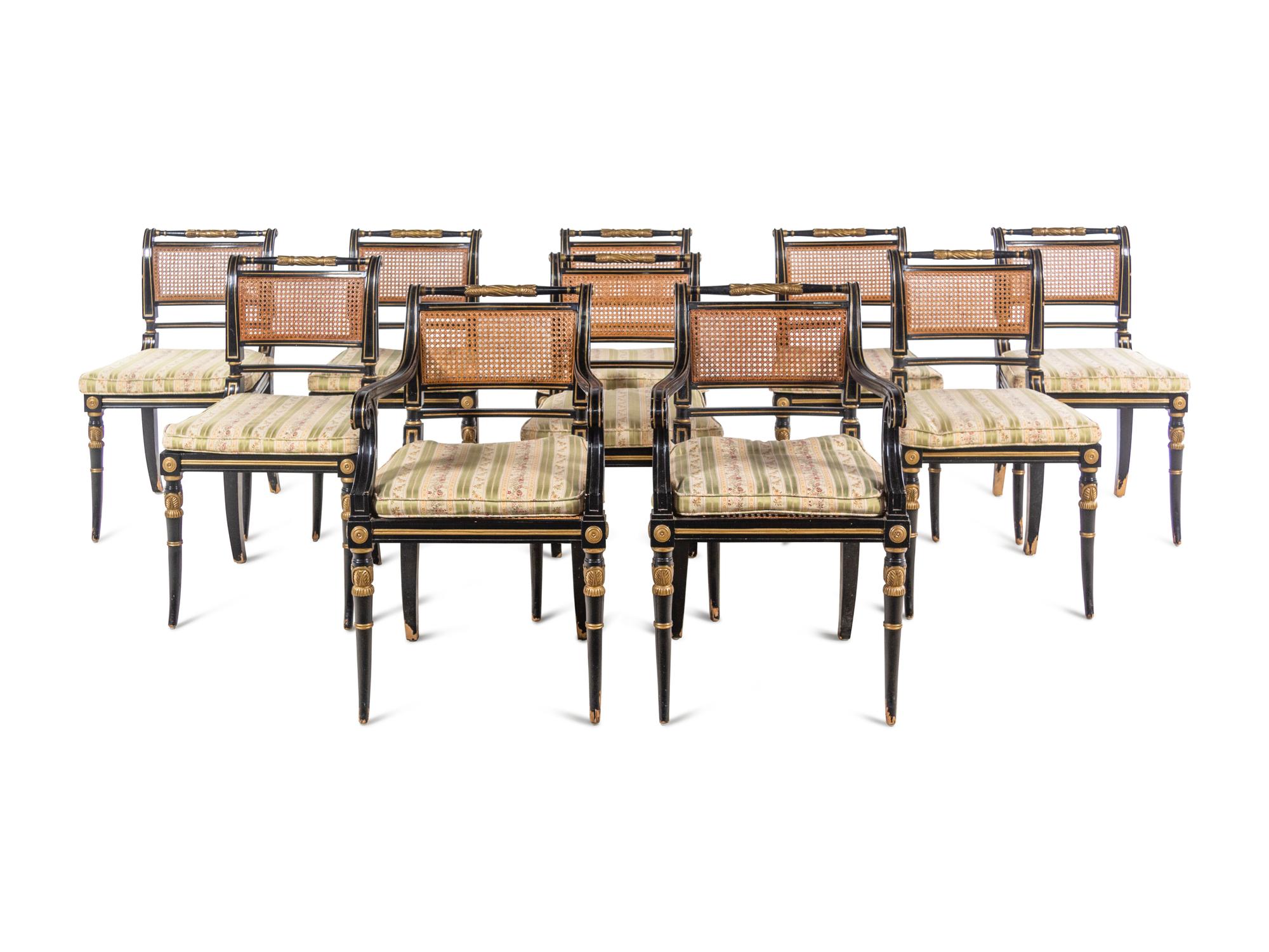 A Set of Ten Regency Style Painted Dining Chairs