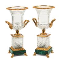 A Pair of Continental Gilt Bronze, Cut Glass and Malachite Urns