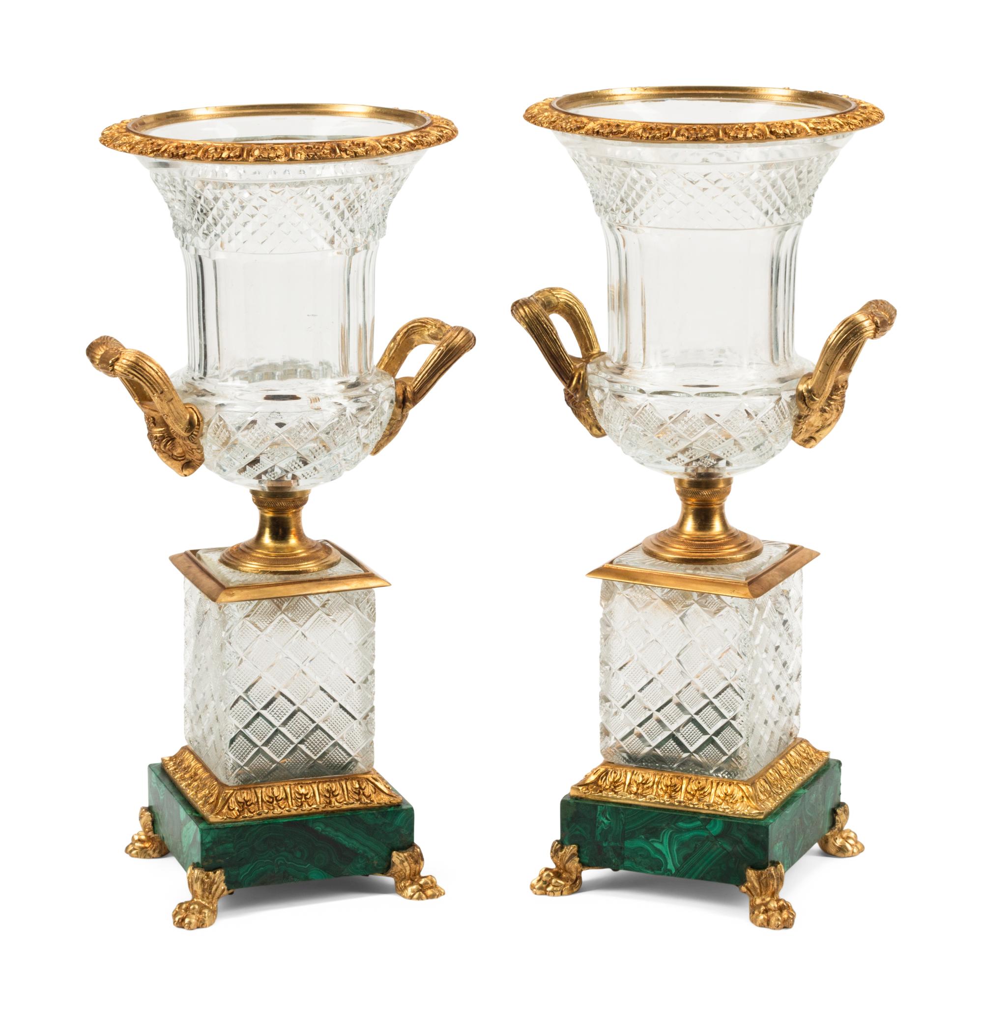 A Pair of Continental Gilt Bronze, Cut Glass and Malachite Urns