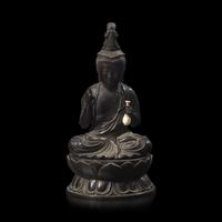 A Japanese Patinated Bronze Seated Bosatsu and Lotus Stand, with Signature of Watanabe Doi, Meiji Period