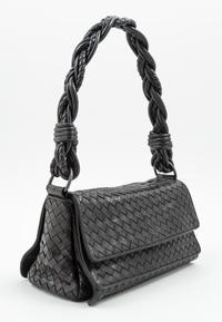 A Bottega Veneta Black Intrecciato Double Flap Handbag, 10" x 5" x 4"; Strap drop: 9".