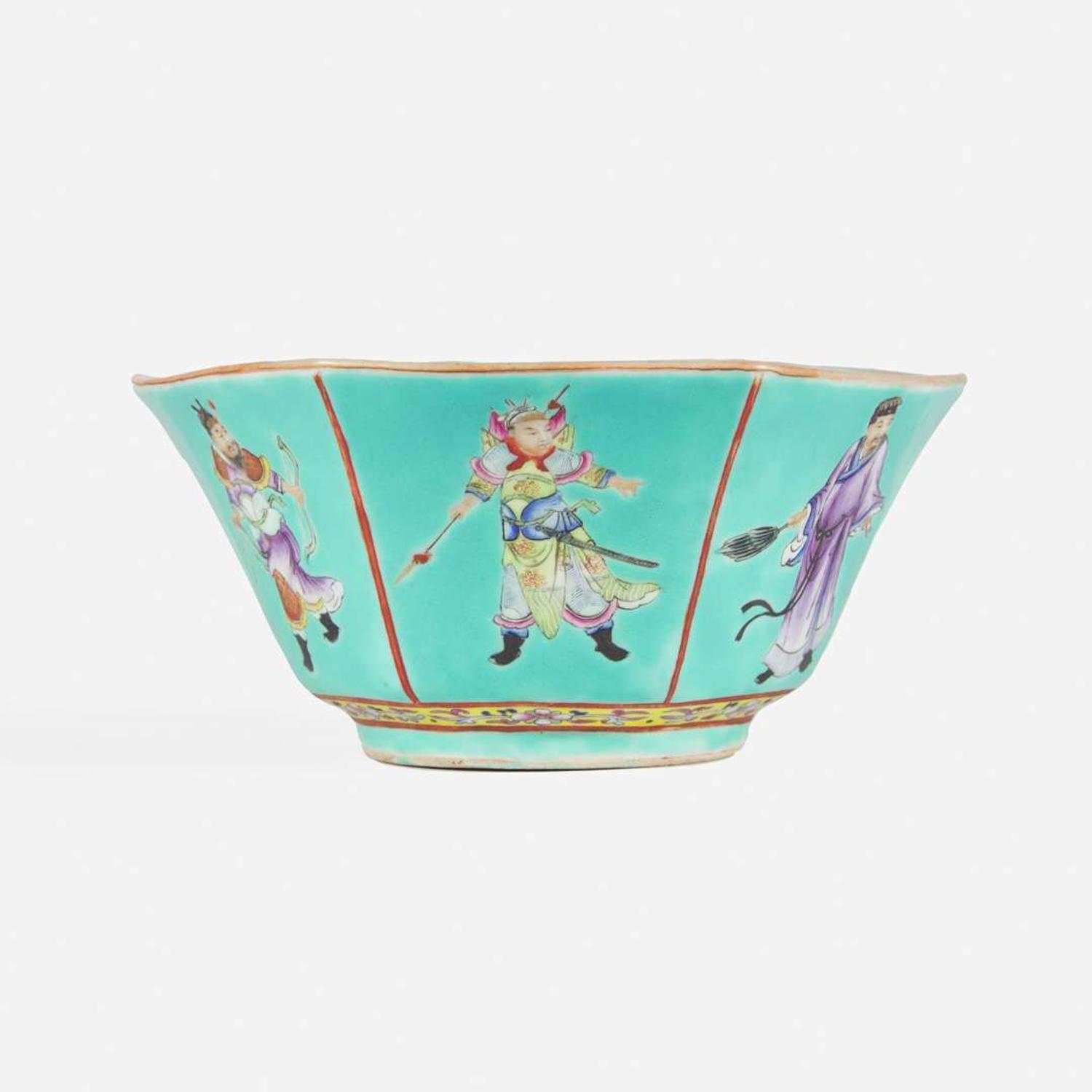 A Chinese turquoise ground "Six Heroes" porcelain bowl 松石绿釉粉彩人物碗