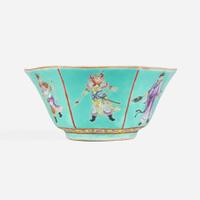 A Chinese turquoise ground "Six Heroes" porcelain bowl 松石绿釉粉彩人物碗