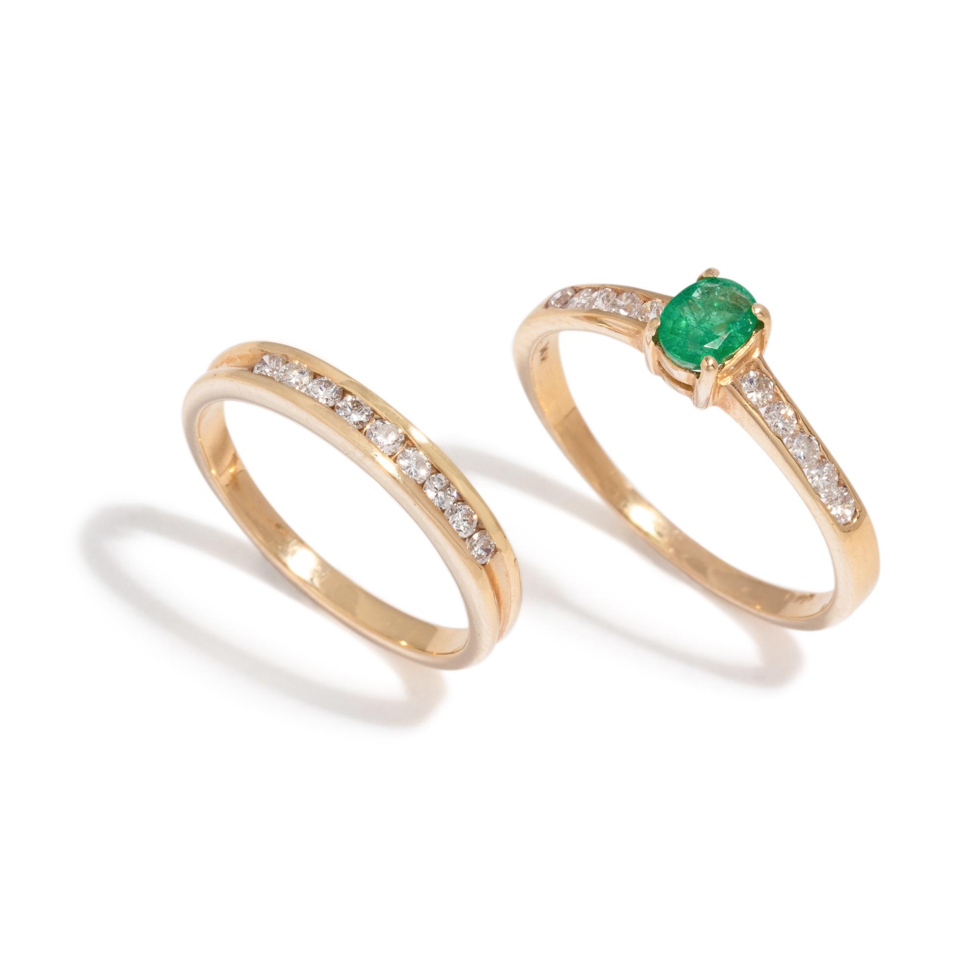 YELLOW GOLD, EMERALD AND DIAMOND RING SET