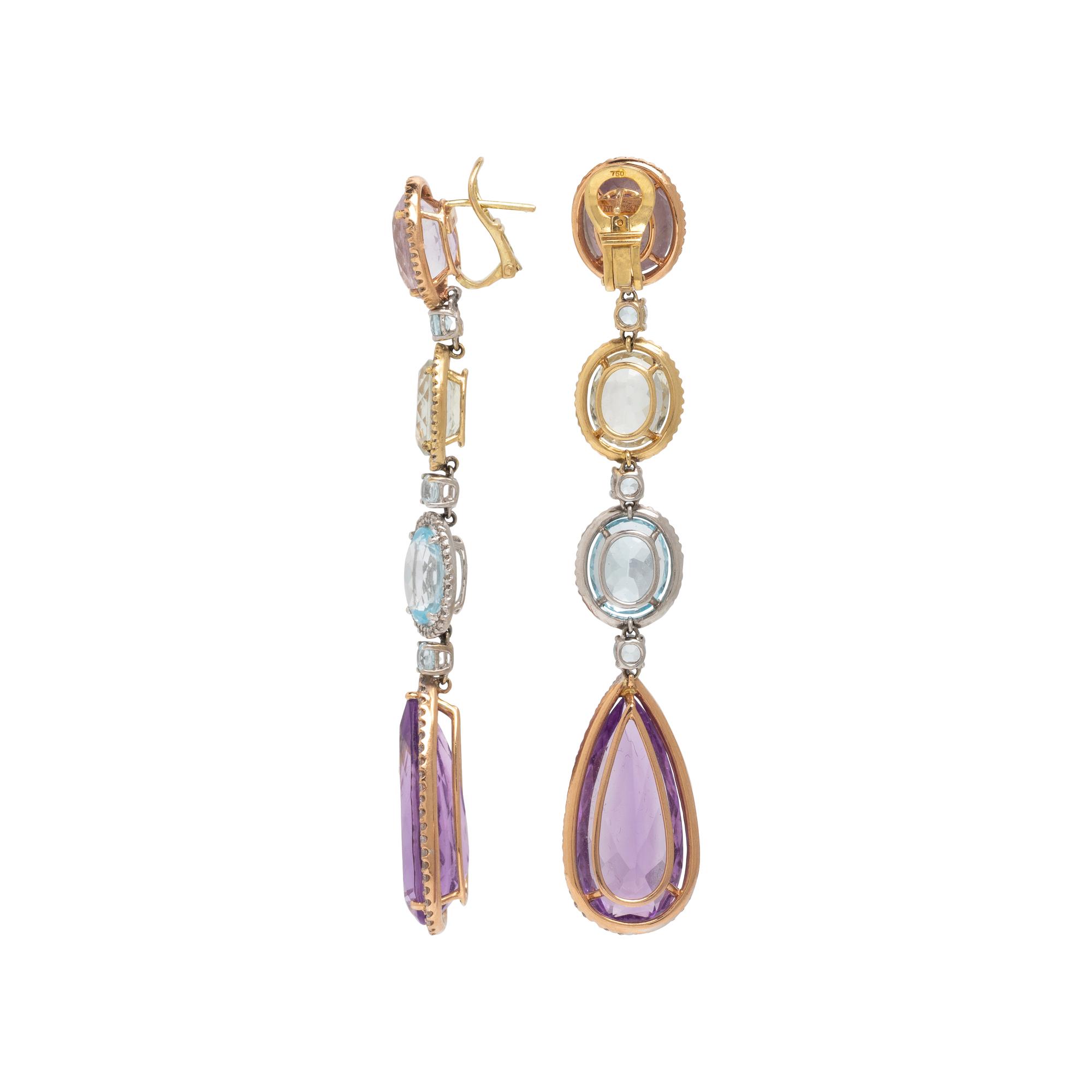Multigem, Diamond, and Tricolor Gold Pendant Earrings