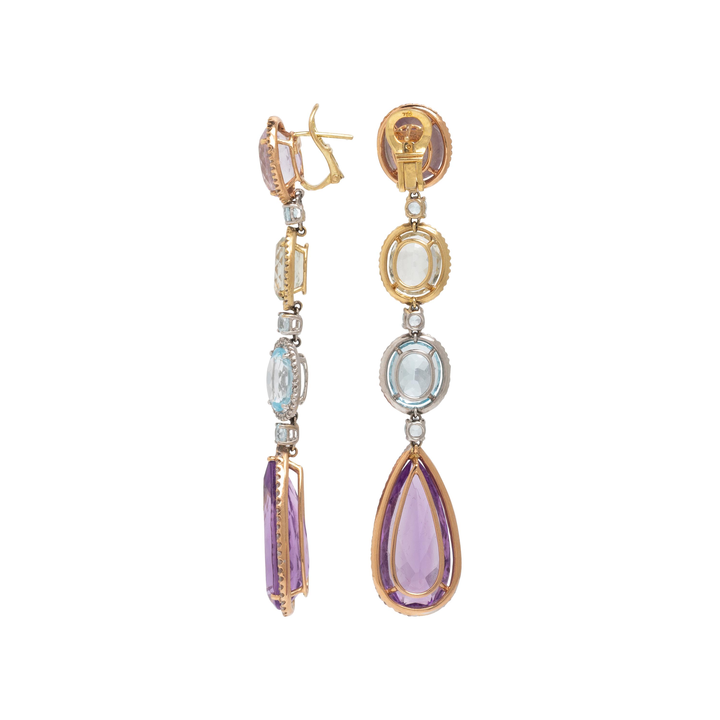 Multigem, Diamond, and Tricolor Gold Pendant Earrings