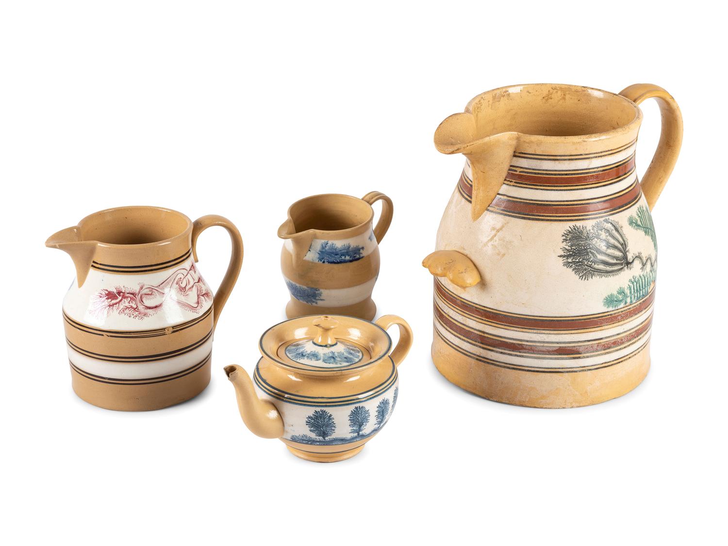 Six Pieces of Seaweed-Decorated Yellowware