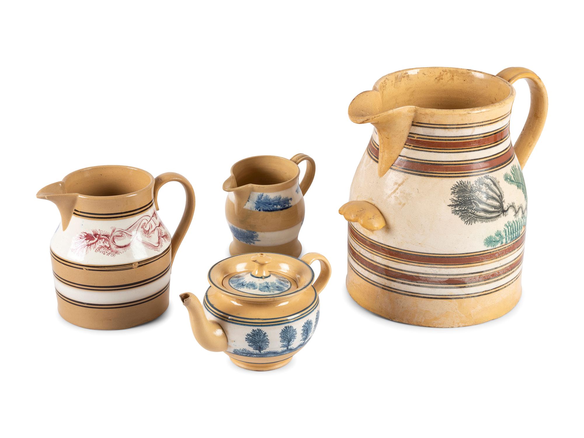 Six Pieces of Seaweed-Decorated Yellowware