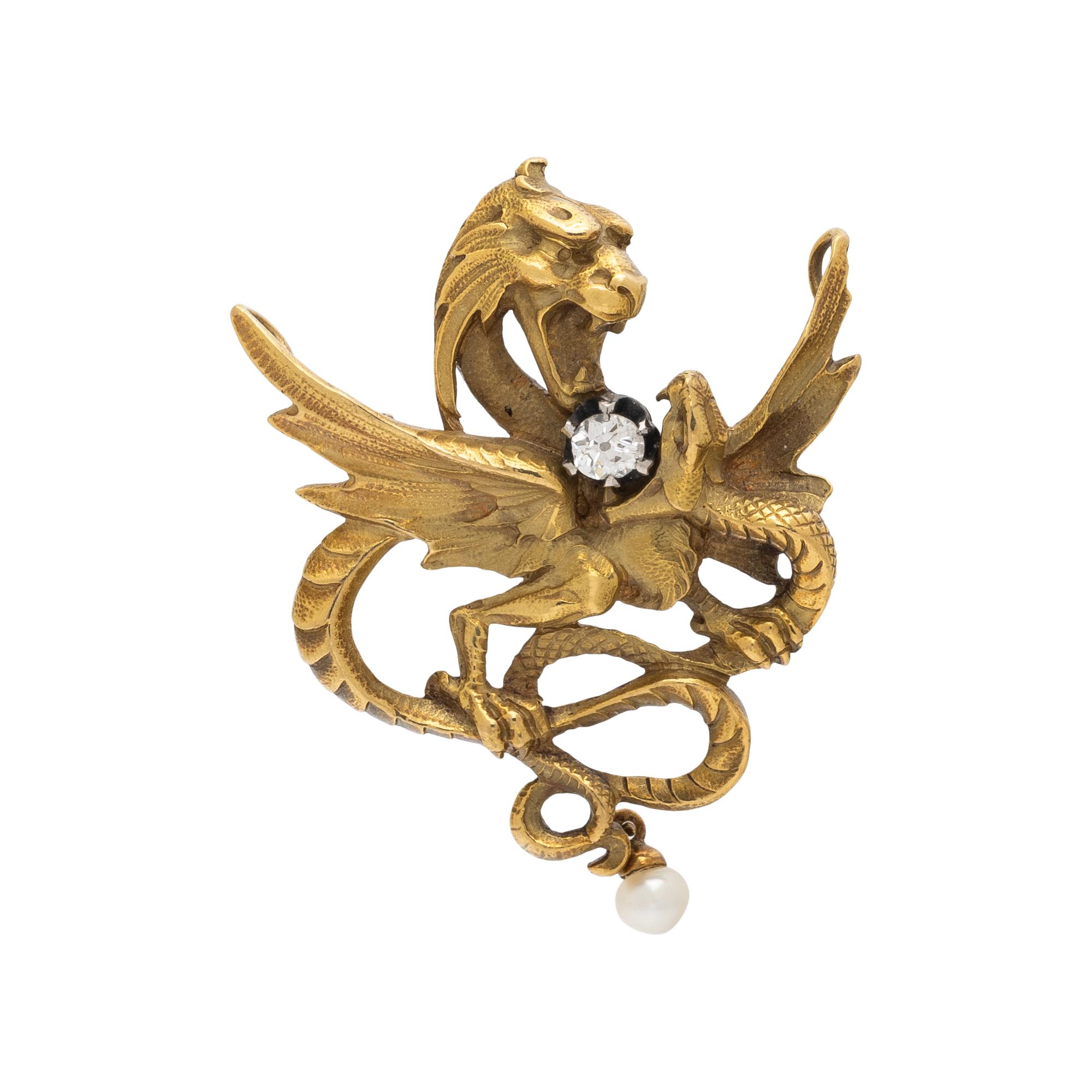 YELLOW GOLD, DIAMOND, AND SEED PEARL GRIFFIN BROOCH