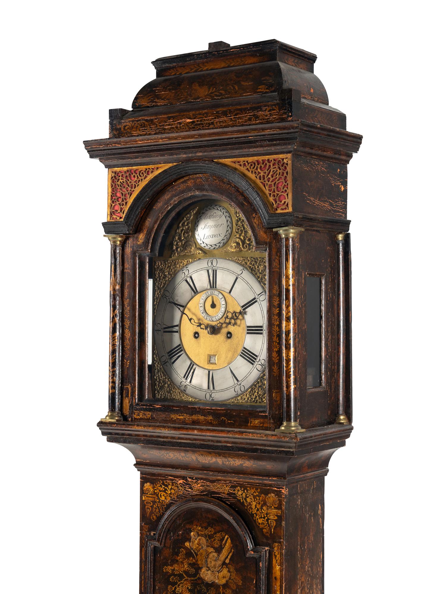 A George I Black and Gilt-Japanned Oak Tall Case Clock
