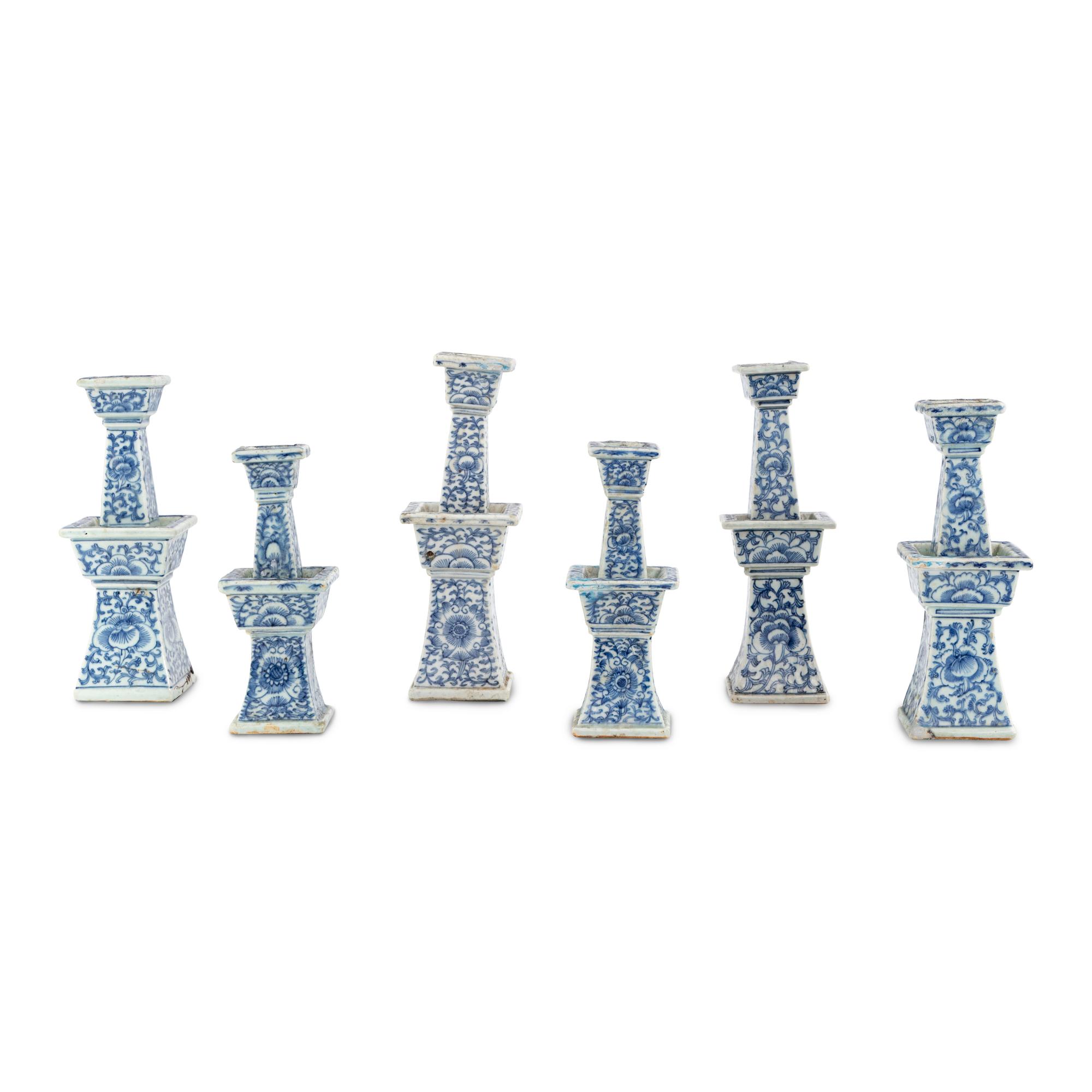 A Set of Six Chinese Porcelain Blue-and-White Candle Holders