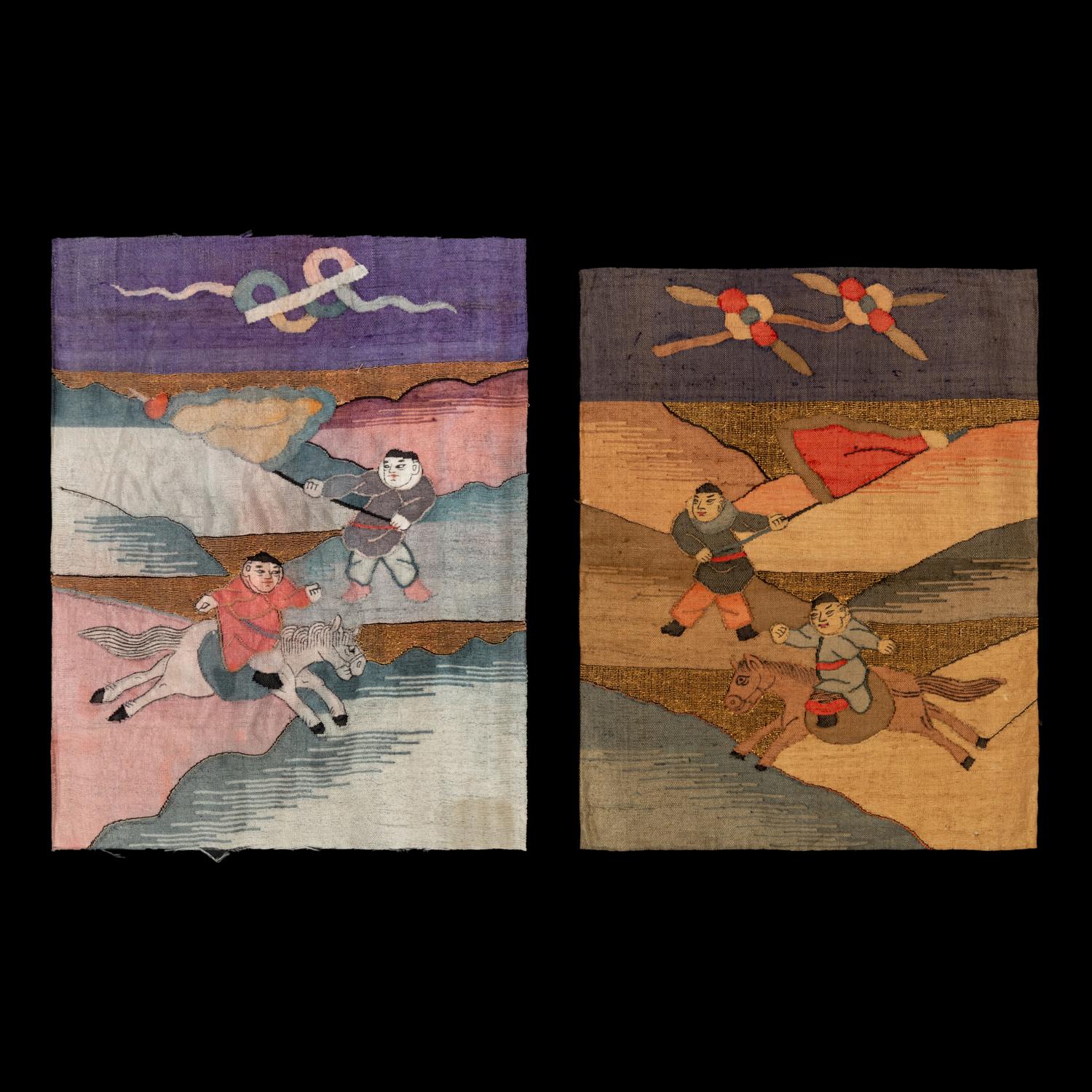 A Large Chinese Kesi 'Three Kingdom ' Silk Panel and Two Small Fragments, Late 19th Century 清晚期 金地緙絲三國故事圖挂賬及人物故事圖兩幅