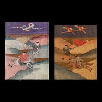 A Large Chinese Kesi 'Three Kingdom ' Silk Panel and Two Small Fragments, Late 19th Century 清晚期 金地緙絲三國故事圖挂賬及人物故事圖兩幅