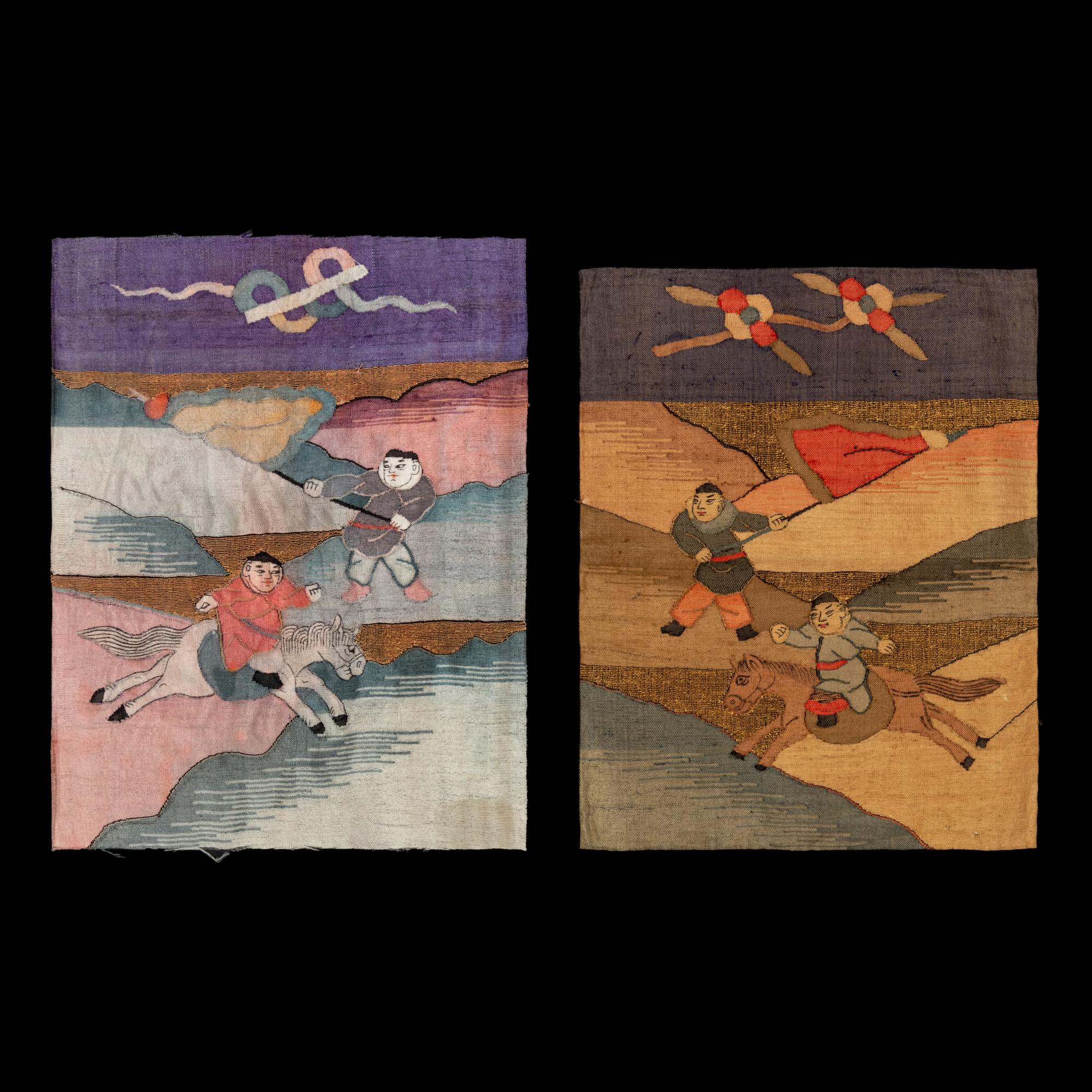 A Large Chinese Kesi 'Three Kingdom ' Silk Panel and Two Small Fragments, Late 19th Century 清晚期 金地緙絲三國故事圖挂賬及人物故事圖兩幅