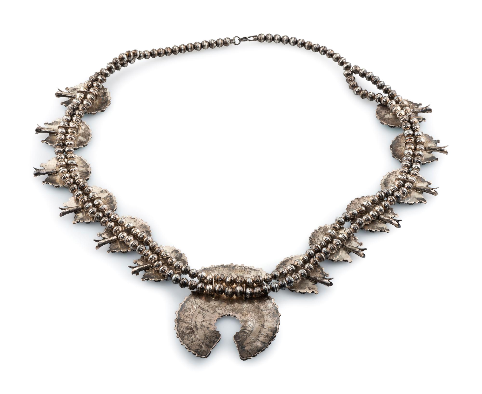 Navajo Sterling Silver and Turquoise Cluster Squash Blossom Necklace