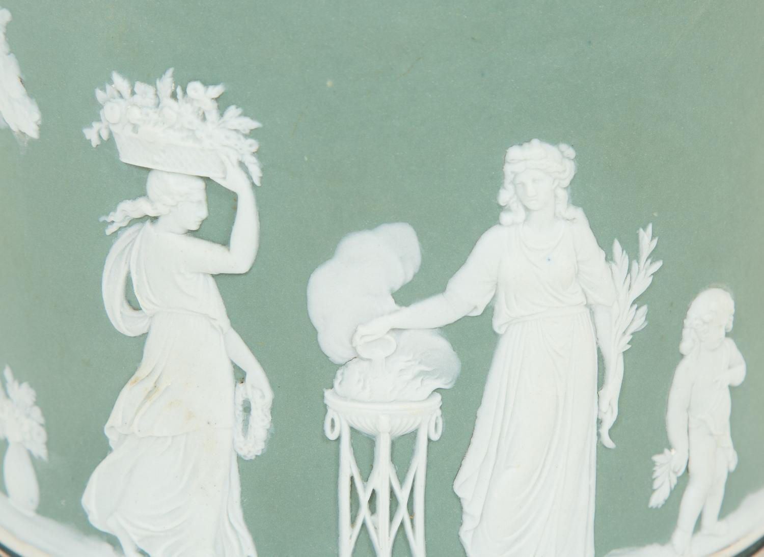 A Green Wedgwood Jasperware Portland Vase and Biscuit Barrell with Silver Plate Handle, Top and Base combined with biscuit barrell 323704/124