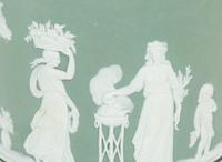 A Green Wedgwood Jasperware Portland Vase and Biscuit Barrell with Silver Plate Handle, Top and Base combined with biscuit barrell 323704/124