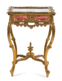 A Rococo Style Giltwood Vitrine Table Height 28 1/2 x width 20 x depth 16 inches. — LATE 19TH/EARLY 20TH CENTURY