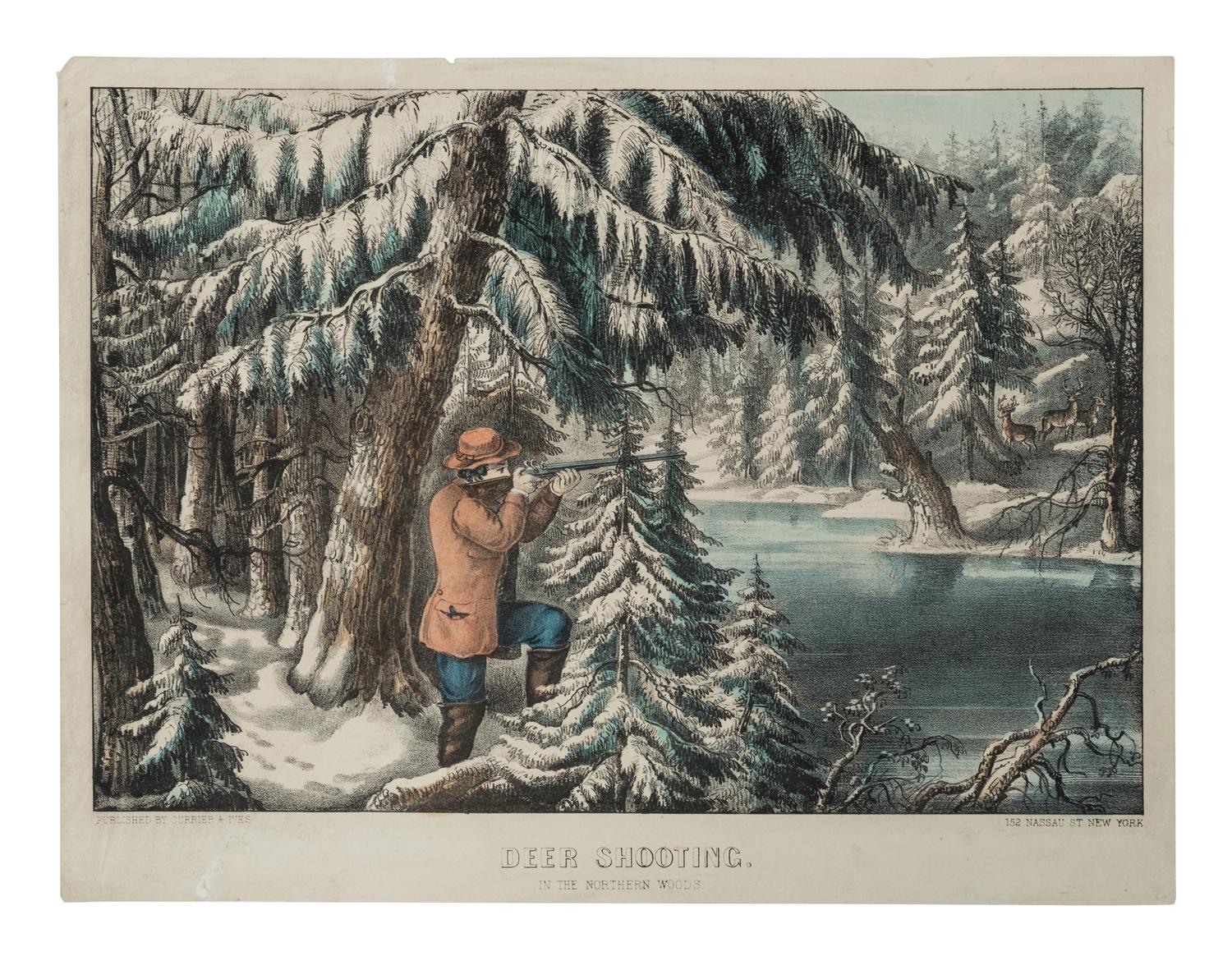 [HUNTING & SPORTING SCENES] -- CURRIER and IVES, publishers Deer Shooting. In the Northern Woods, n.d. (G.1672). -- And another copy. -- Partridge Shooting, No. 174, 1855. (G.5113). -- Partridge Shooting, 1870.(G. 5115). -- Wild Duck Shooting. On the Wing, 1870. (G.7213). -- The Rubber. "Put to His Trumps," n.d. (G.5687).