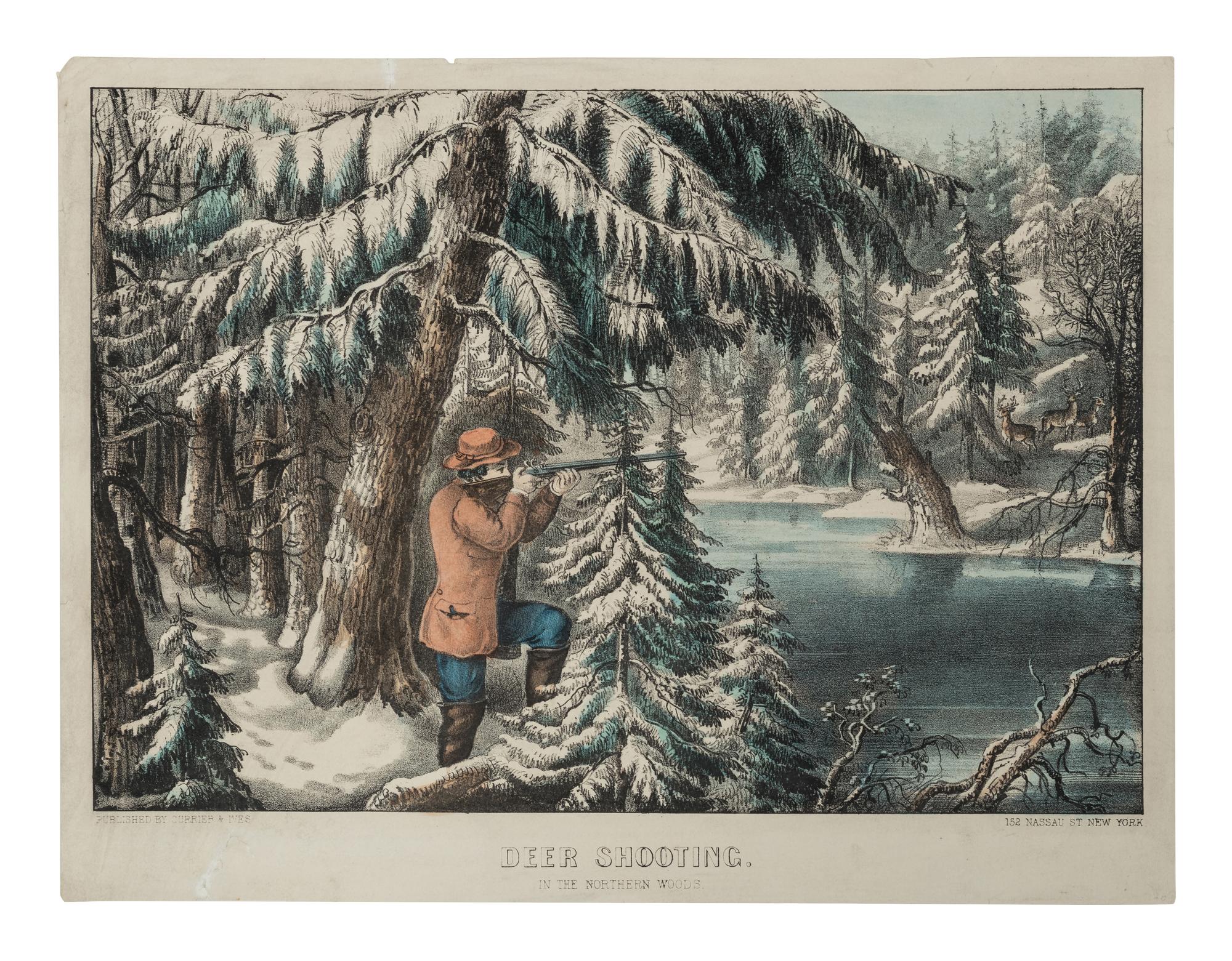 [HUNTING & SPORTING SCENES] -- CURRIER and IVES, publishers Deer Shooting. In the Northern Woods, n.d. (G.1672). -- And another copy. -- Partridge Shooting, No. 174, 1855. (G.5113). -- Partridge Shooting, 1870.(G. 5115). -- Wild Duck Shooting. On the Wing, 1870. (G.7213). -- The Rubber. "Put to His Trumps," n.d. (G.5687).