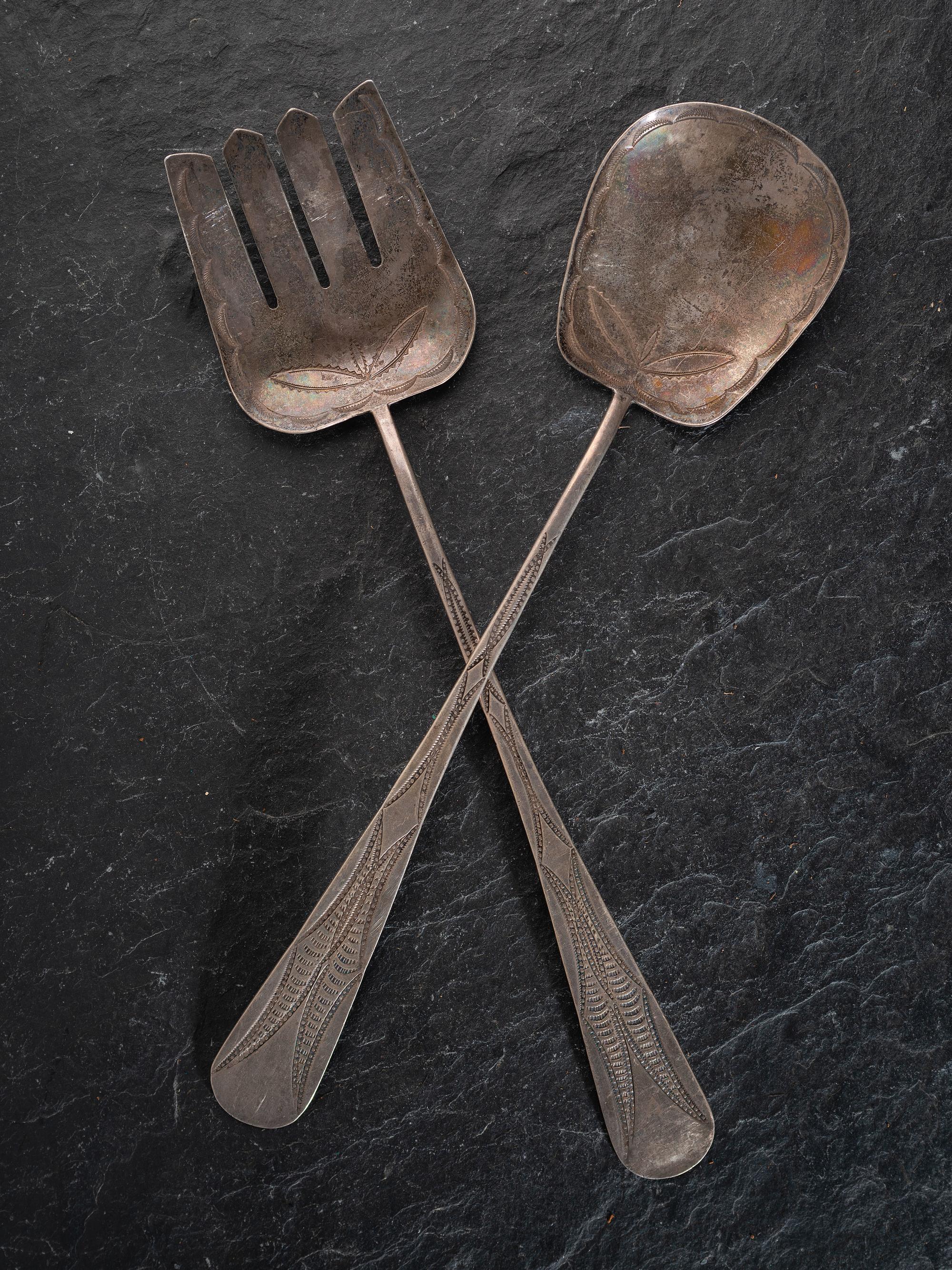 Navajo Stamped Silver Serving Spoon and Fork Set