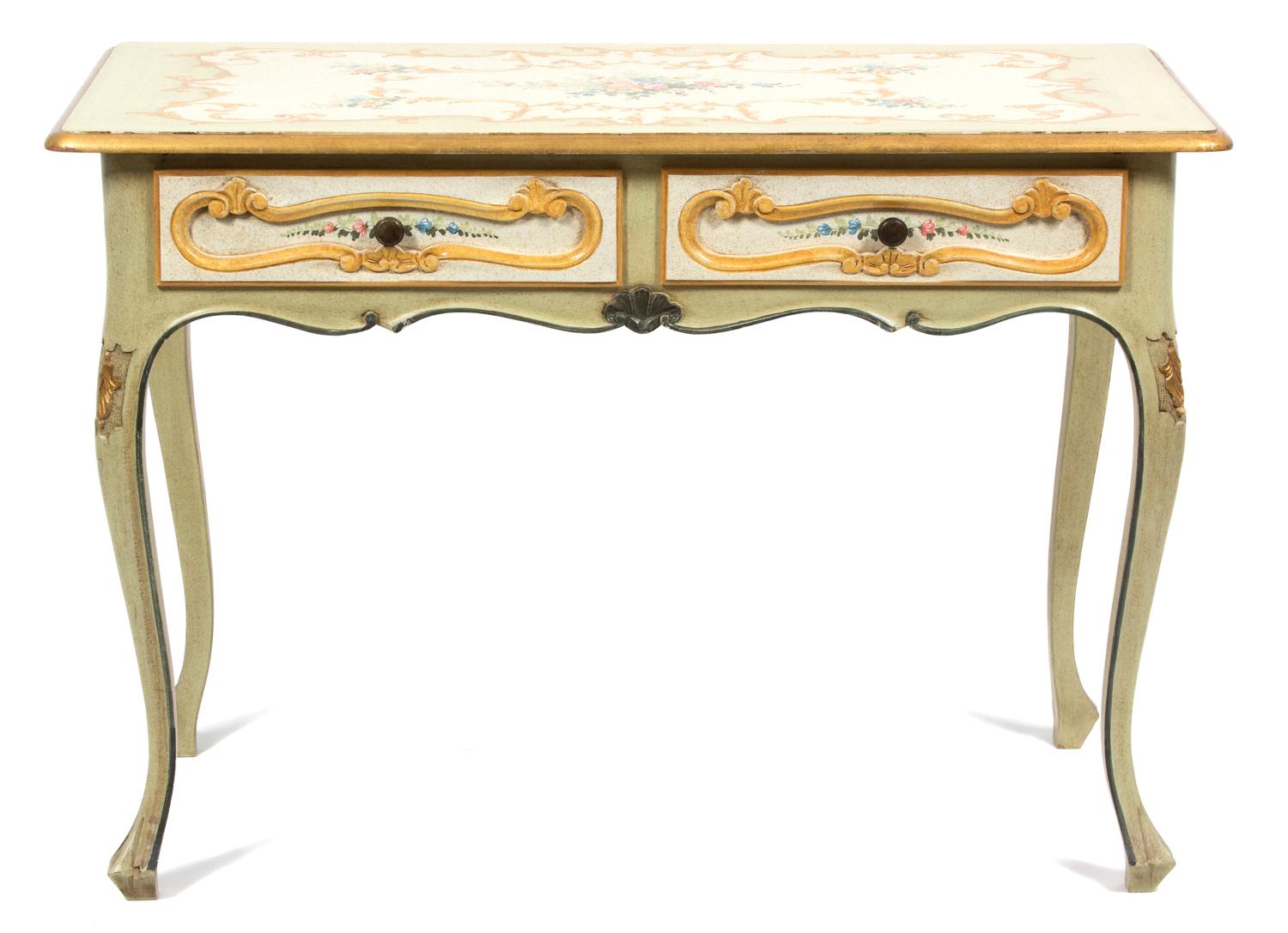 An Italian Louis XV Style Painted and Parcel Gilt Console Table Height 31 1/2 x width 45 x depth 22 3/4 inches. — 20TH CENTURY