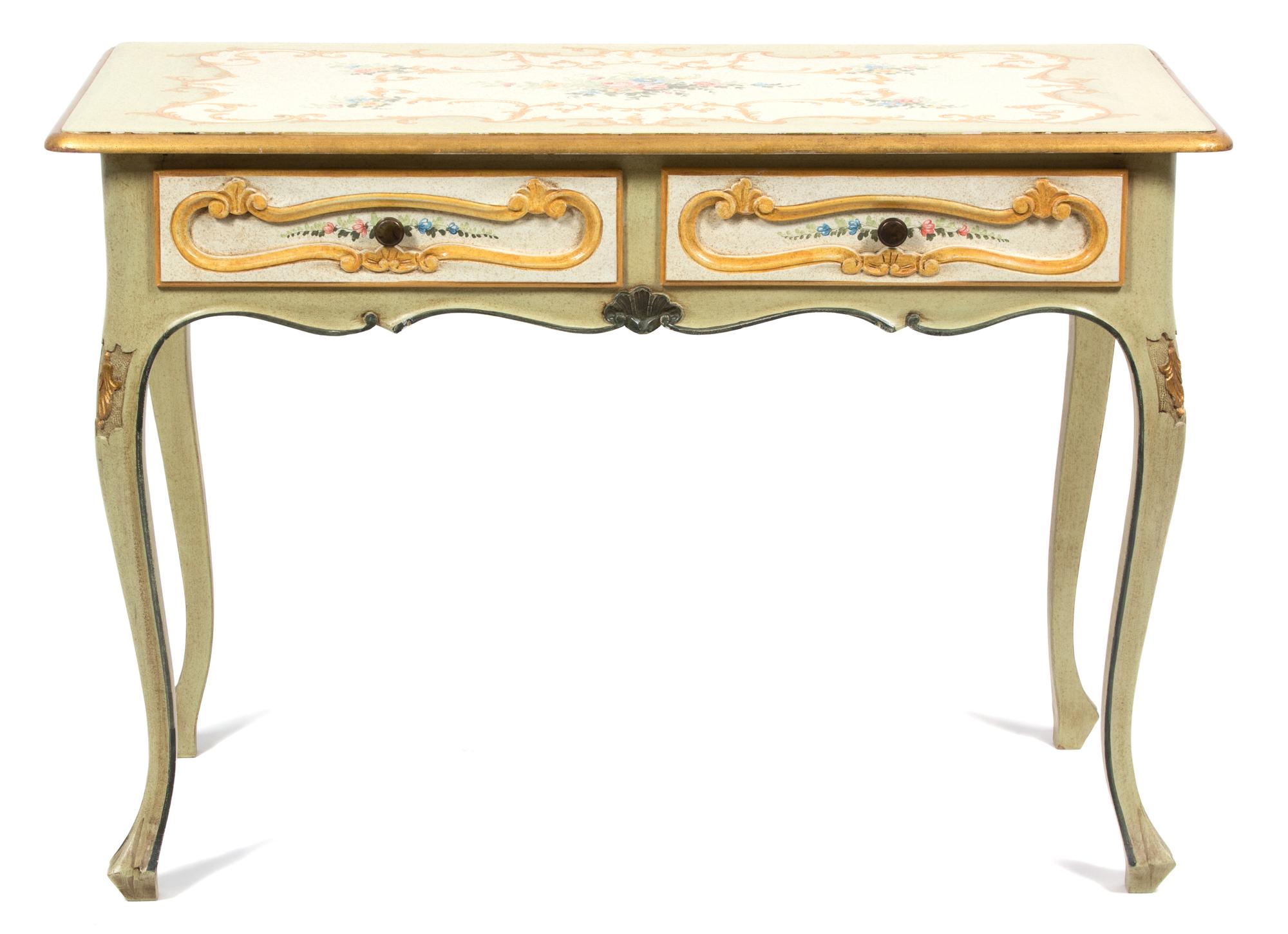 An Italian Louis XV Style Painted and Parcel Gilt Console Table Height 31 1/2 x width 45 x depth 22 3/4 inches. — 20TH CENTURY