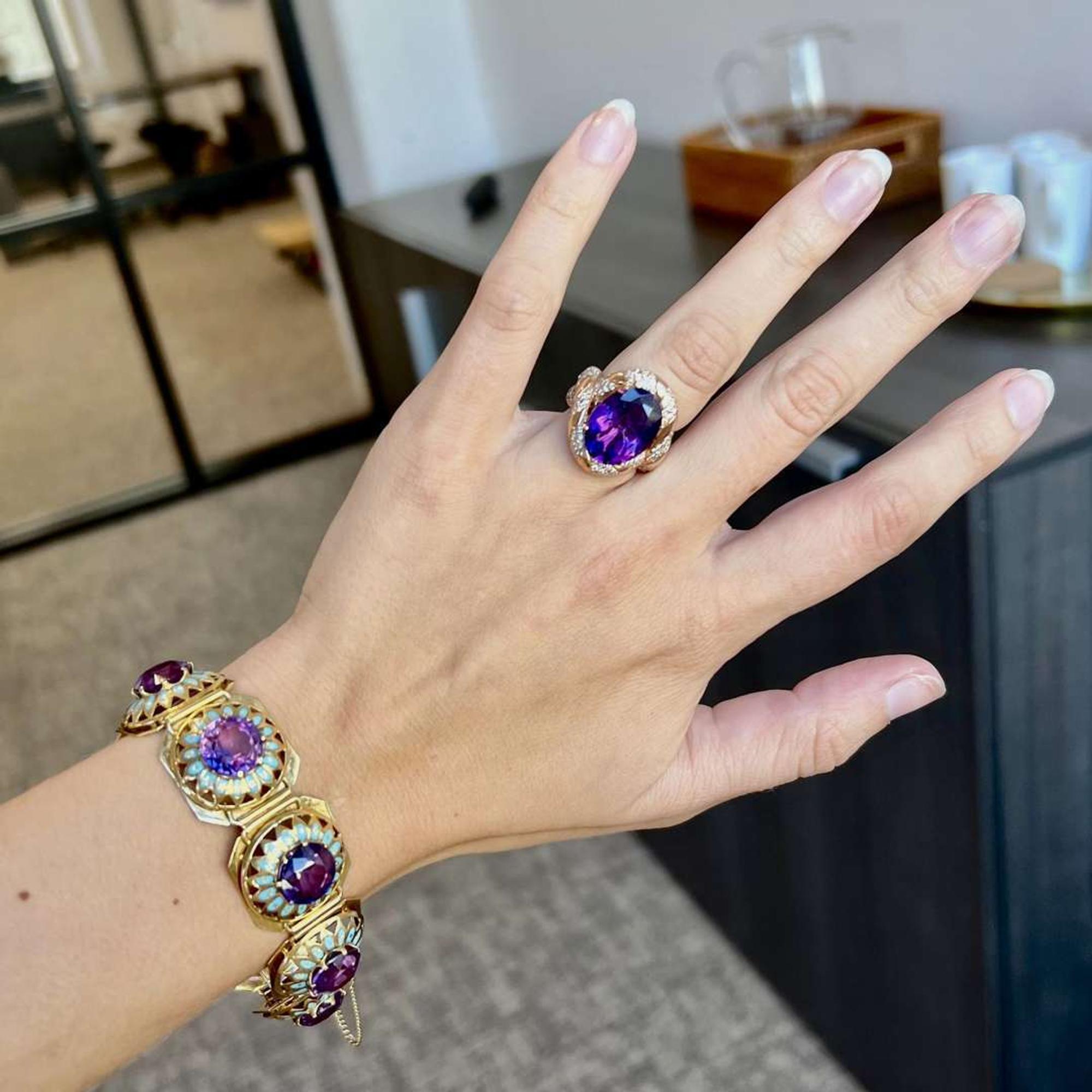 Two pieces of amethyst, diamond, and gold jewelry
