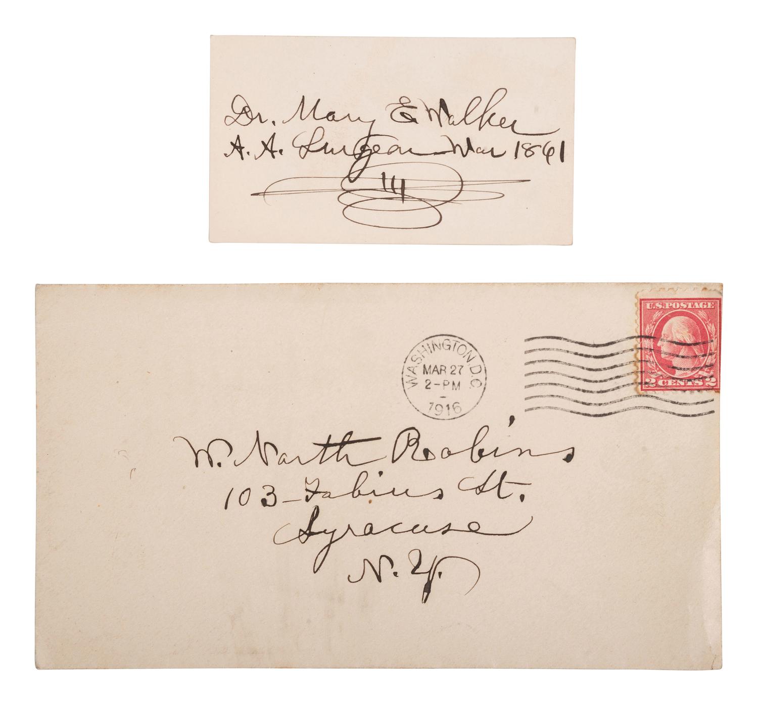 WALKER, Dr. Mary E. (1832-1919). Autograph card signed and her "Proclamation" advocating suffrage.