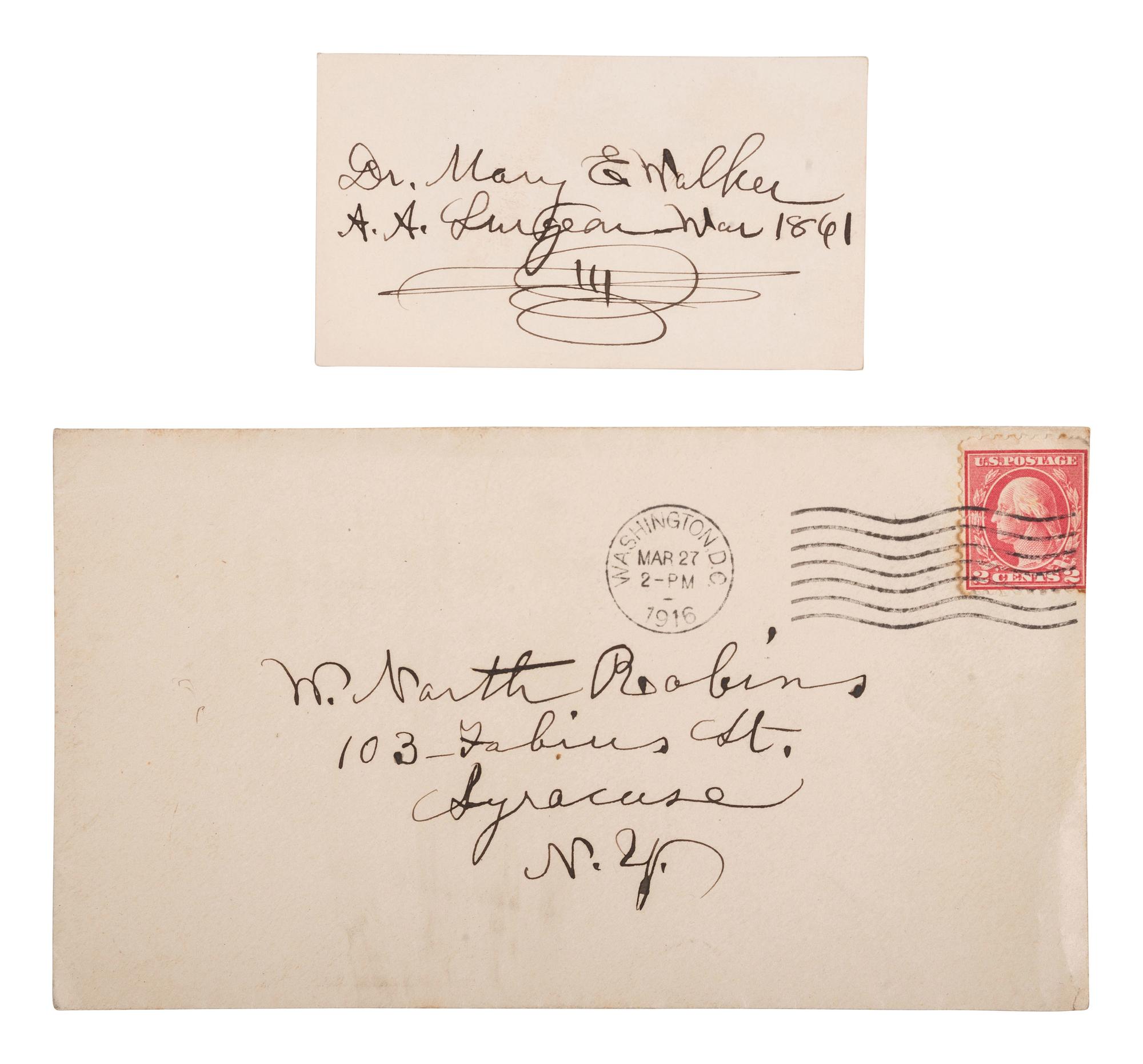 WALKER, Dr. Mary E. (1832-1919). Autograph card signed and her "Proclamation" advocating suffrage.