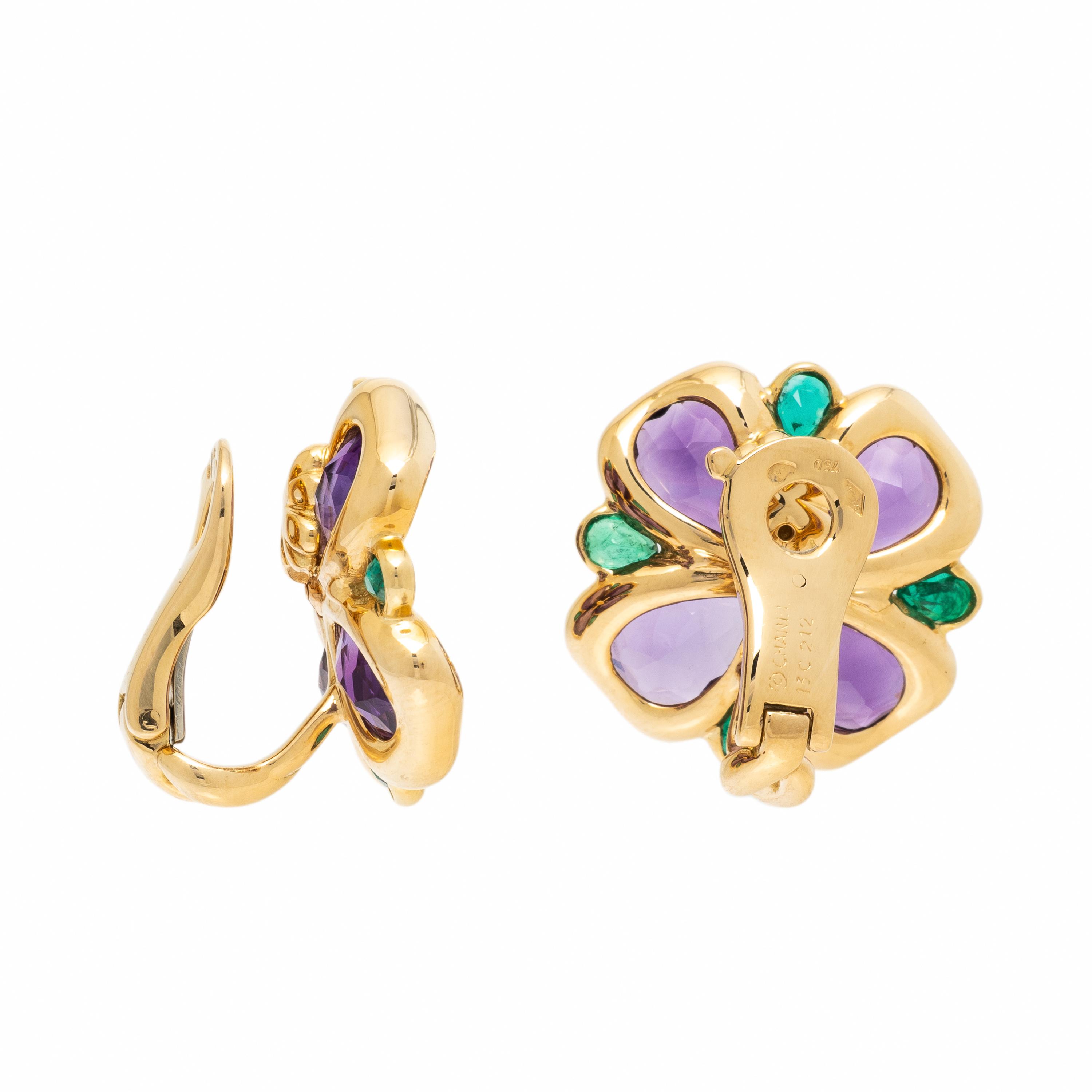 Chanel, Amethyst, Emerald, and Yellow Gold Clover Earrings