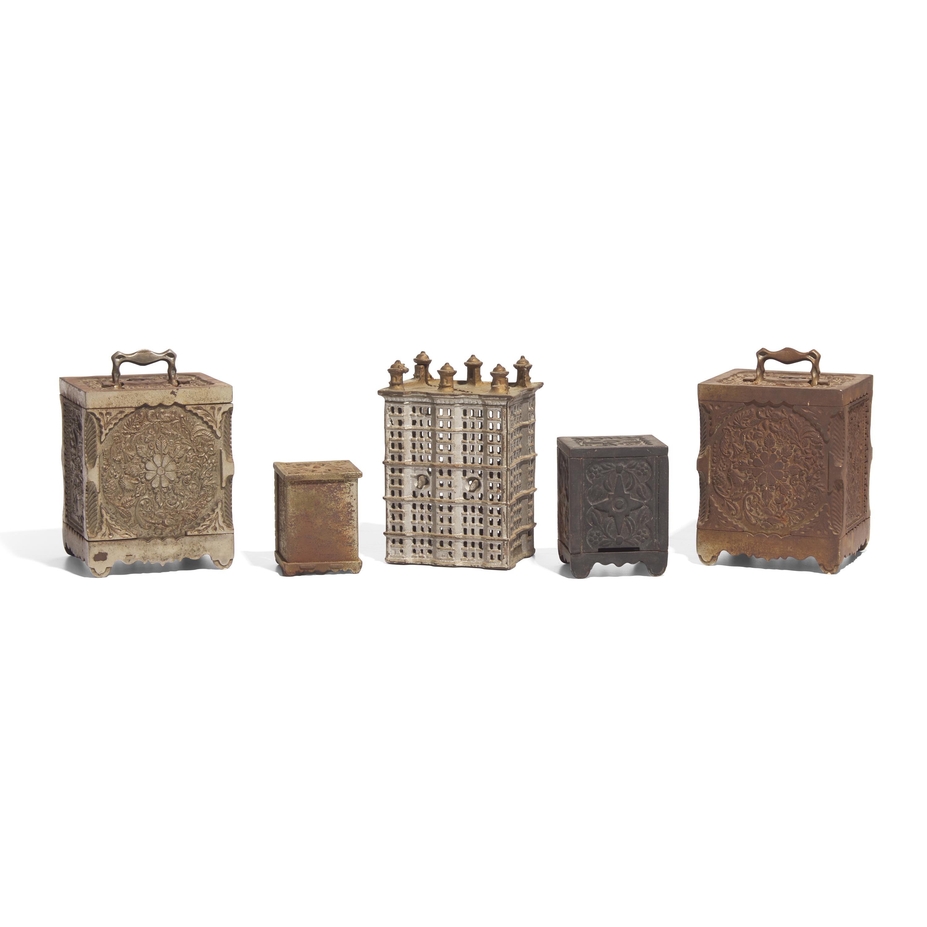 A Group of Five Safe-Form Cast-Iron Banks