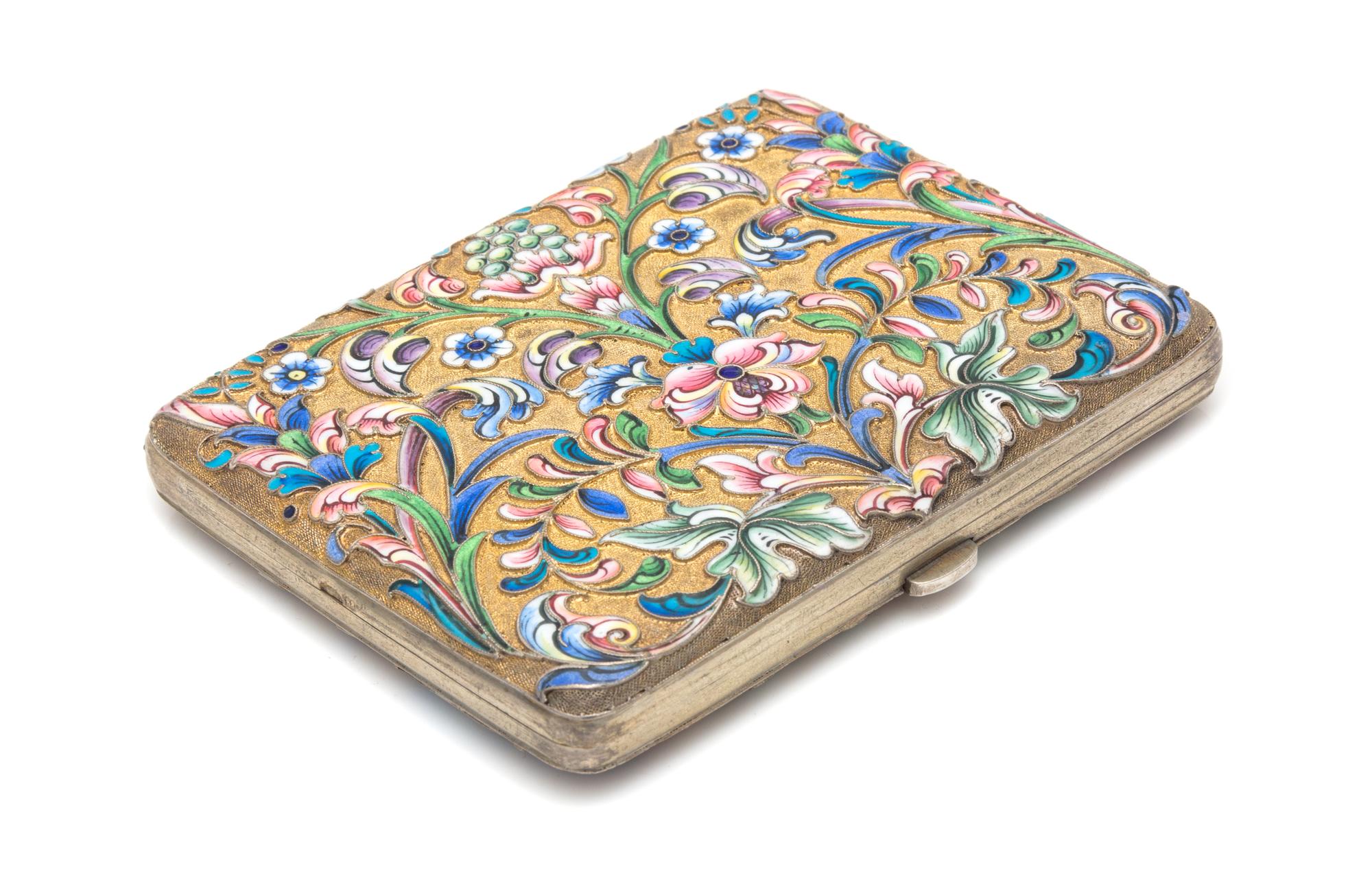 A Russian Silver-Gilt and Enameled Cigarette Case, Nikolai Zugeryev, Moscow, Early 20th Century, the case with polychrome floral and fo