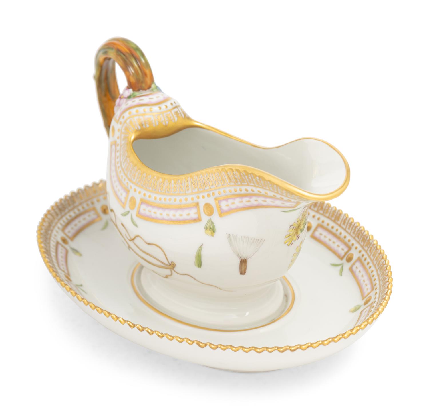 A Royal Copenhagen Flora Danica Porcelain Sauce Boat with Attached Underplate