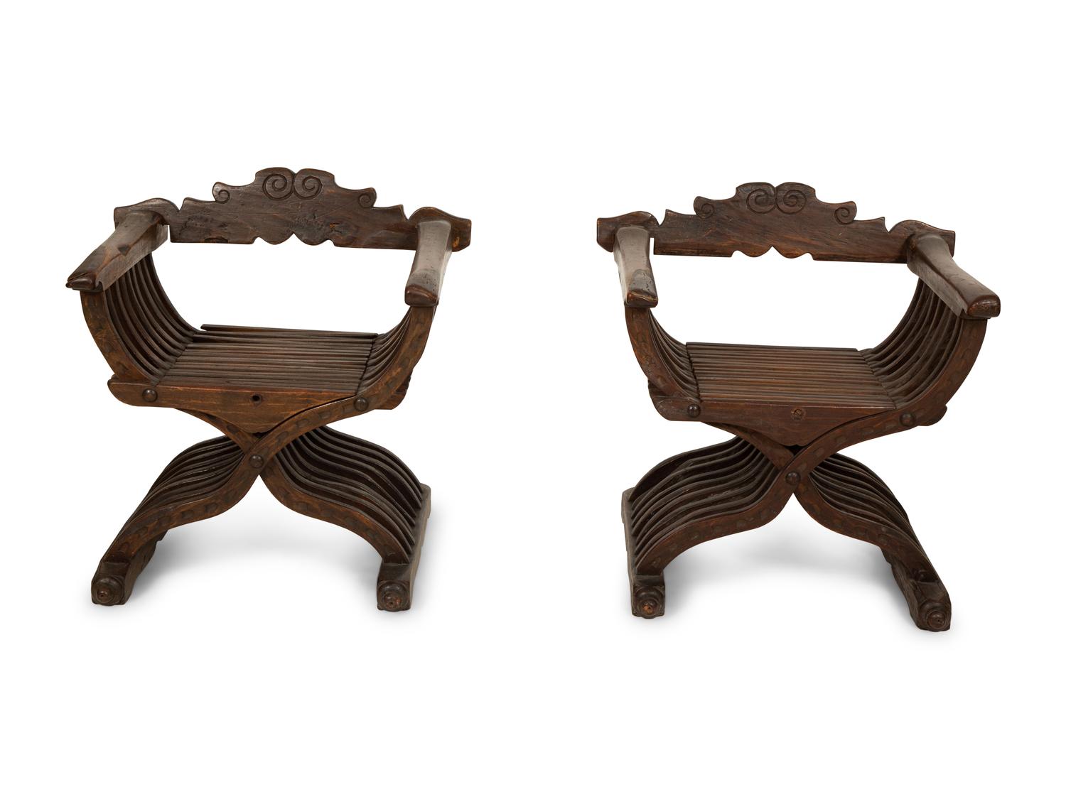 A Pair of Italian Walnut Savonarola Folding Chairs