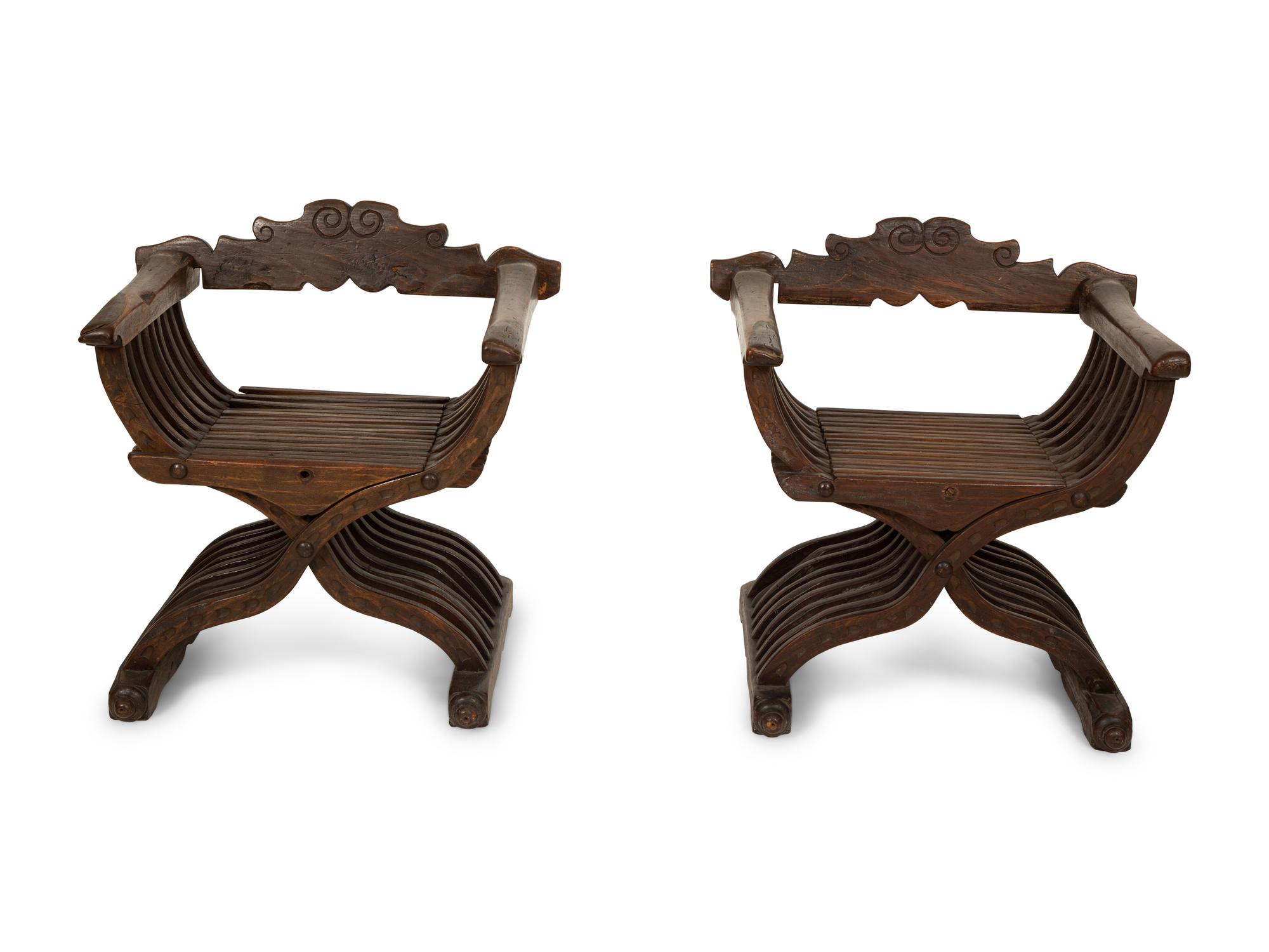 A Pair of Italian Walnut Savonarola Folding Chairs