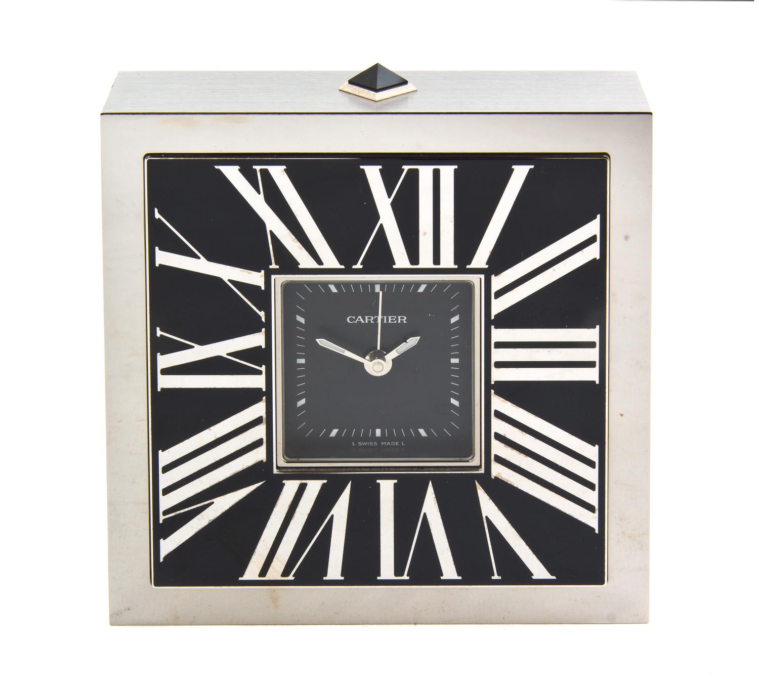 An Art Deco Style Travel Alarm Clock, Cartier, Width 3 3/4 inches.