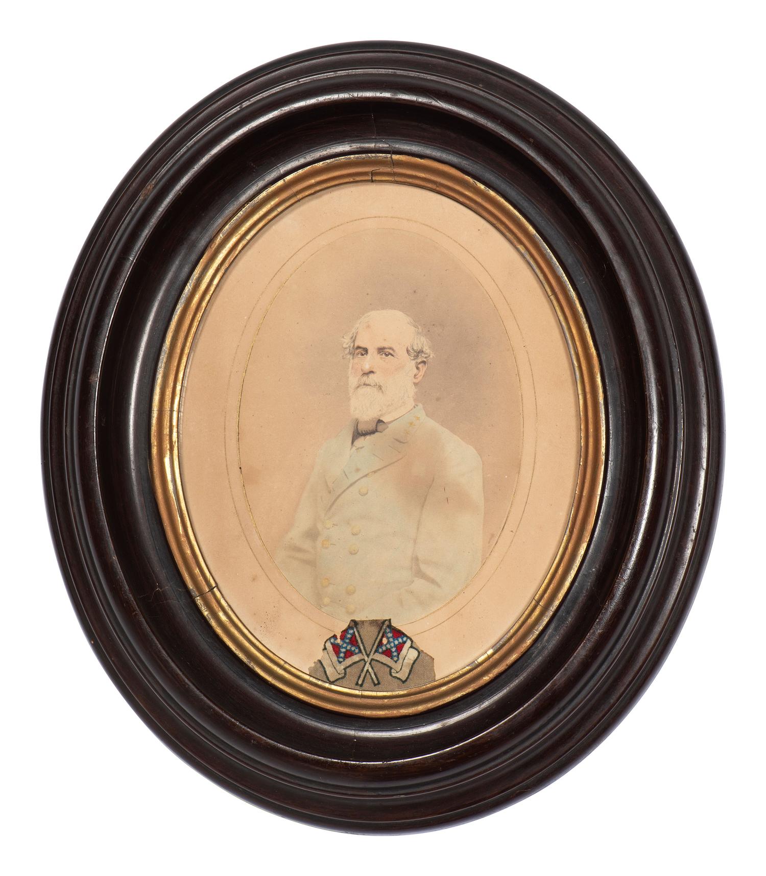 [LEE, Robert E. (1807-1870)]. Albumen photograph of Robert E. Lee with fabric identified as piece of General Lee's uniform.