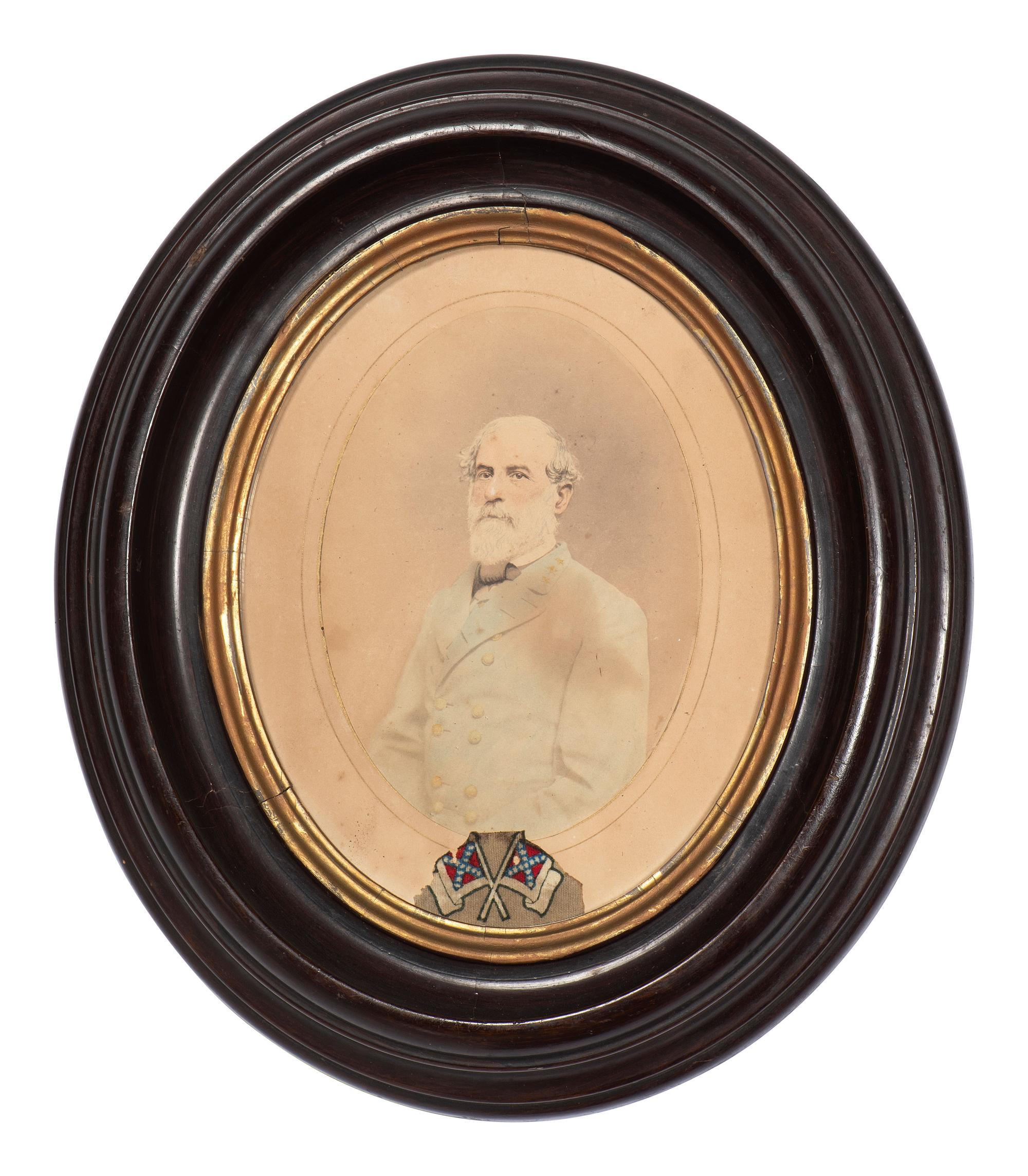 [LEE, Robert E. (1807-1870)]. Albumen photograph of Robert E. Lee with fabric identified as piece of General Lee's uniform.
