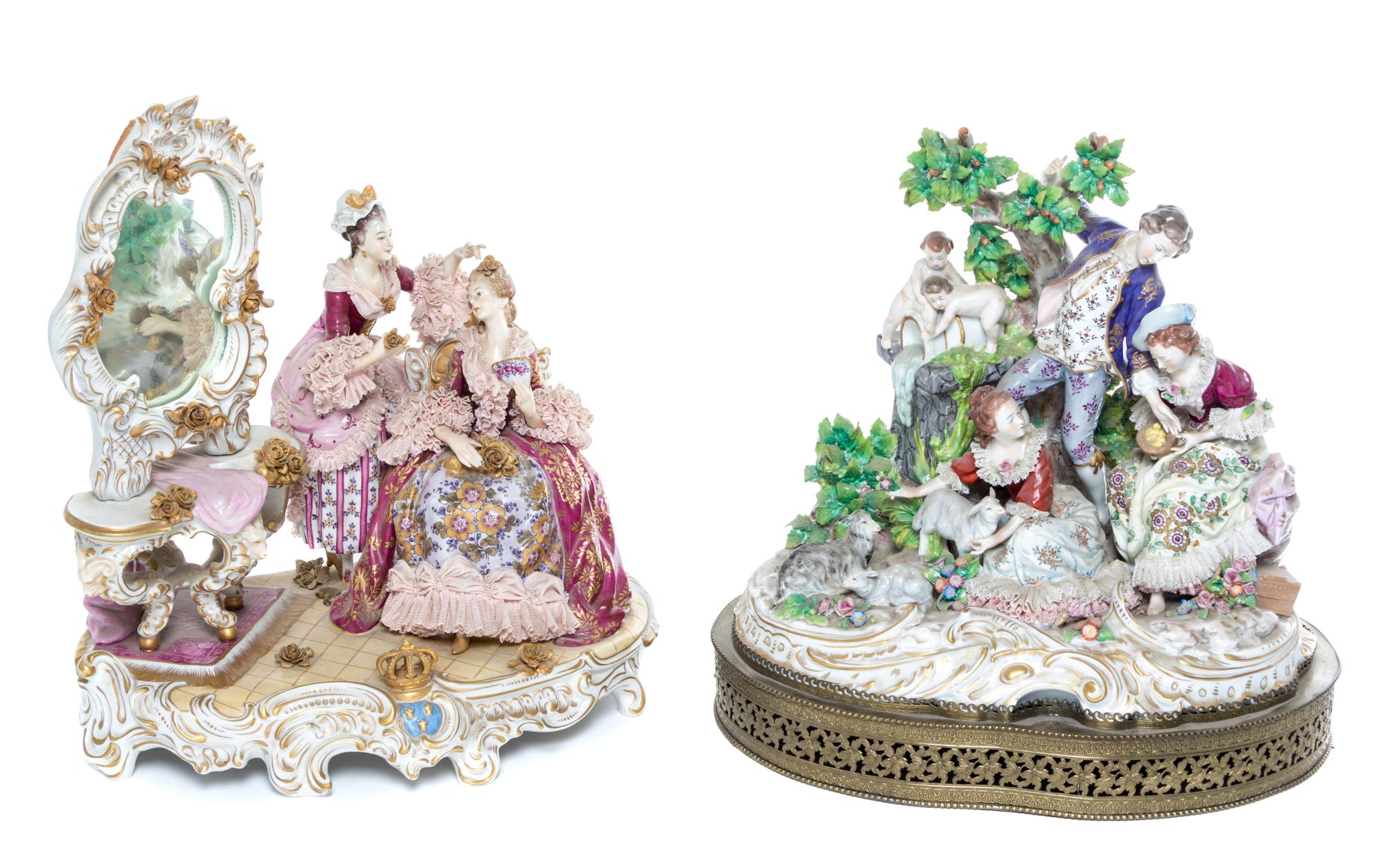 Two German Porcelain Figural Groups Height of taller 15 3/4 inches.