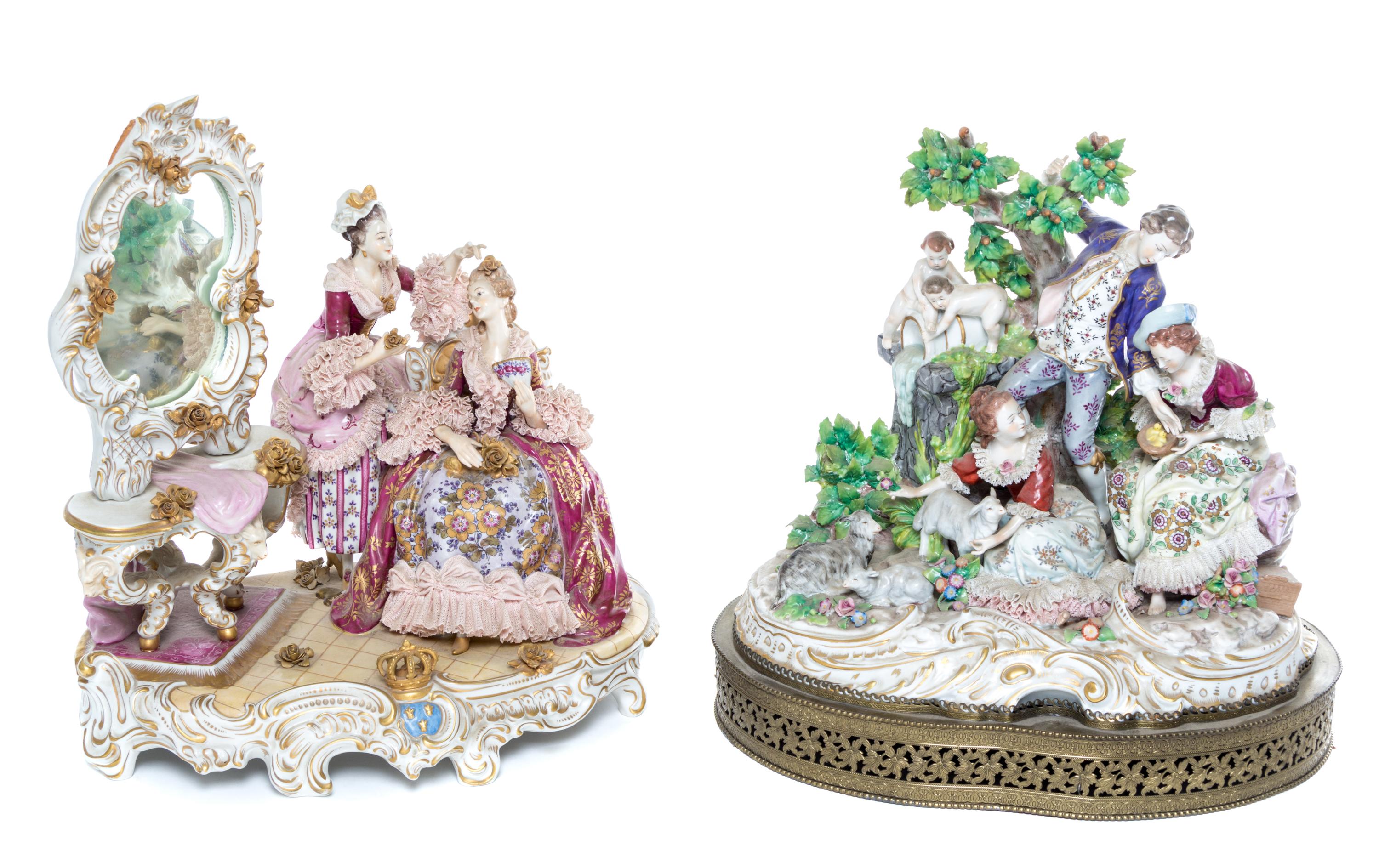 Two German Porcelain Figural Groups Height of taller 15 3/4 inches.