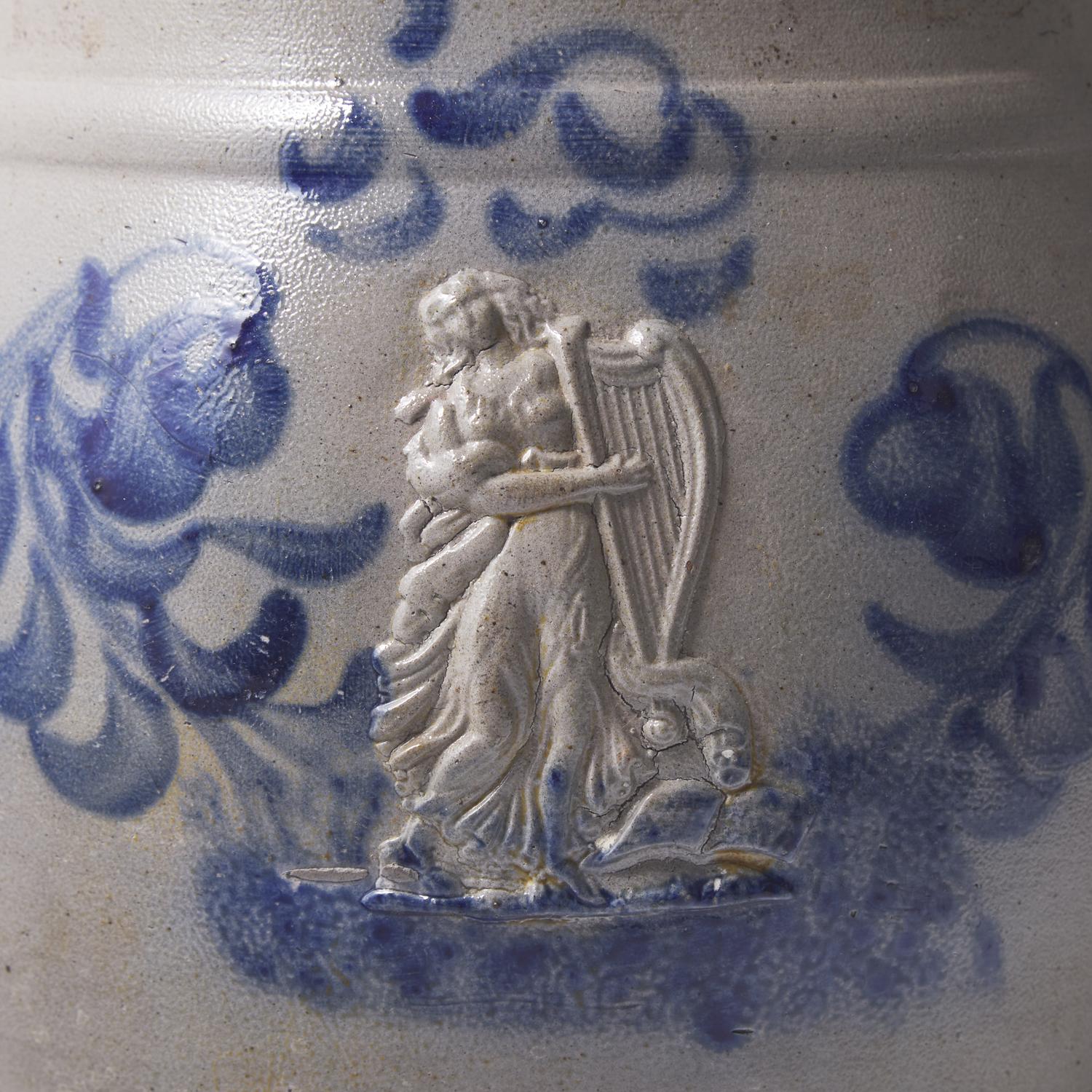 A Cobalt-Decorated and Molded Stoneware 3-Gallon Water Cooler