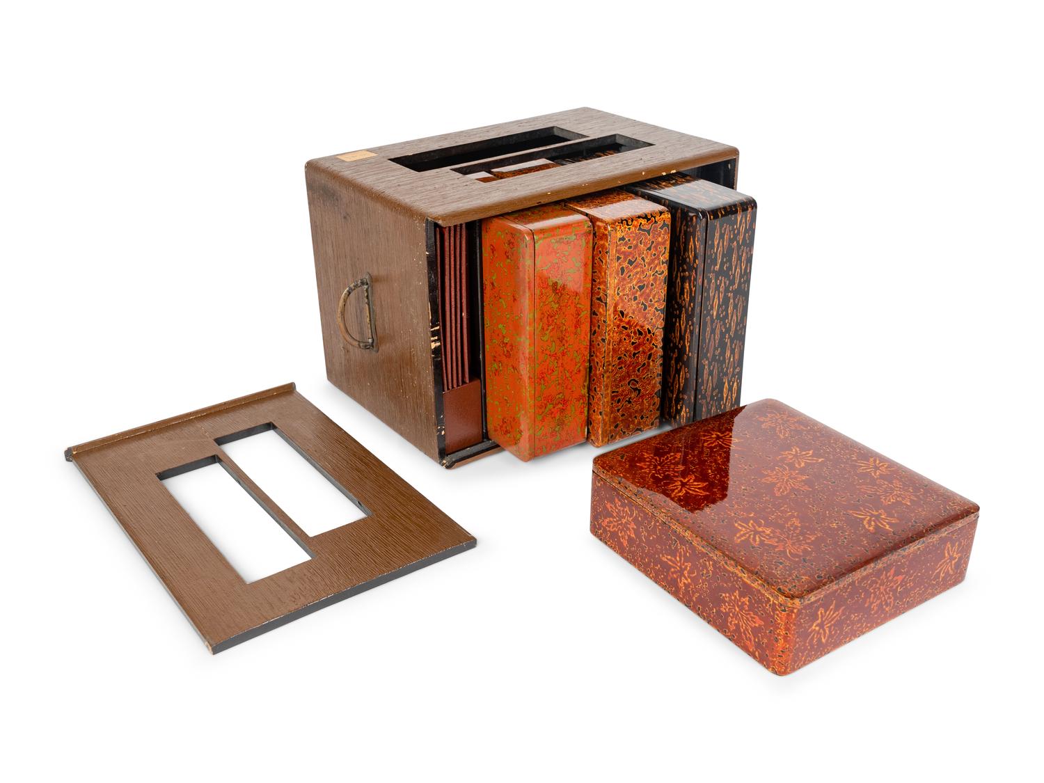 Five Japanese Lacquer Bento Boxes and Accessories in a Painted Wood Carrying Case — 20TH CENTURY