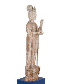 A Chinese Carved Wood Figure of Standing Guanyin