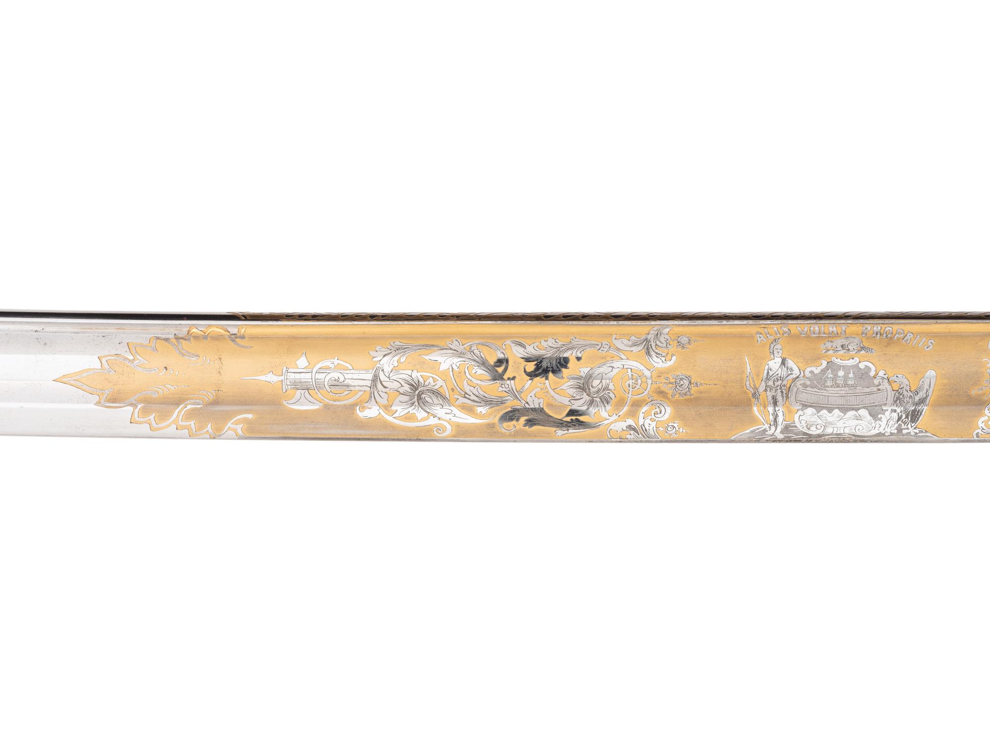 [CIVIL WAR]. Non-regulation Civil War Staff & Field officer's import sword "Peterson 75," based on the British 1854 pattern, with blade emblazoned with the Oregon Territorial Seal.