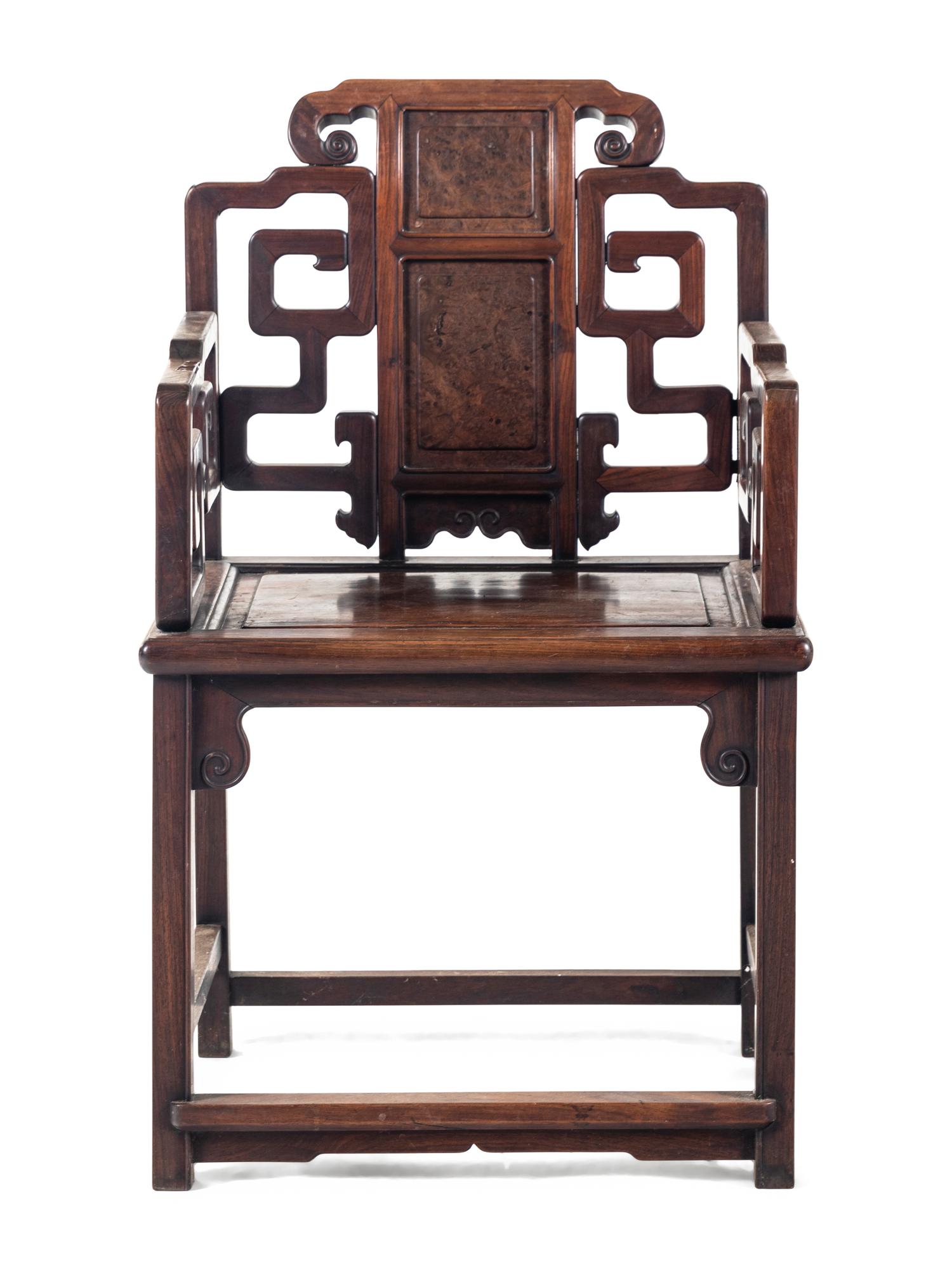 A Chinese Burlwood Inset Hardwood Armchair